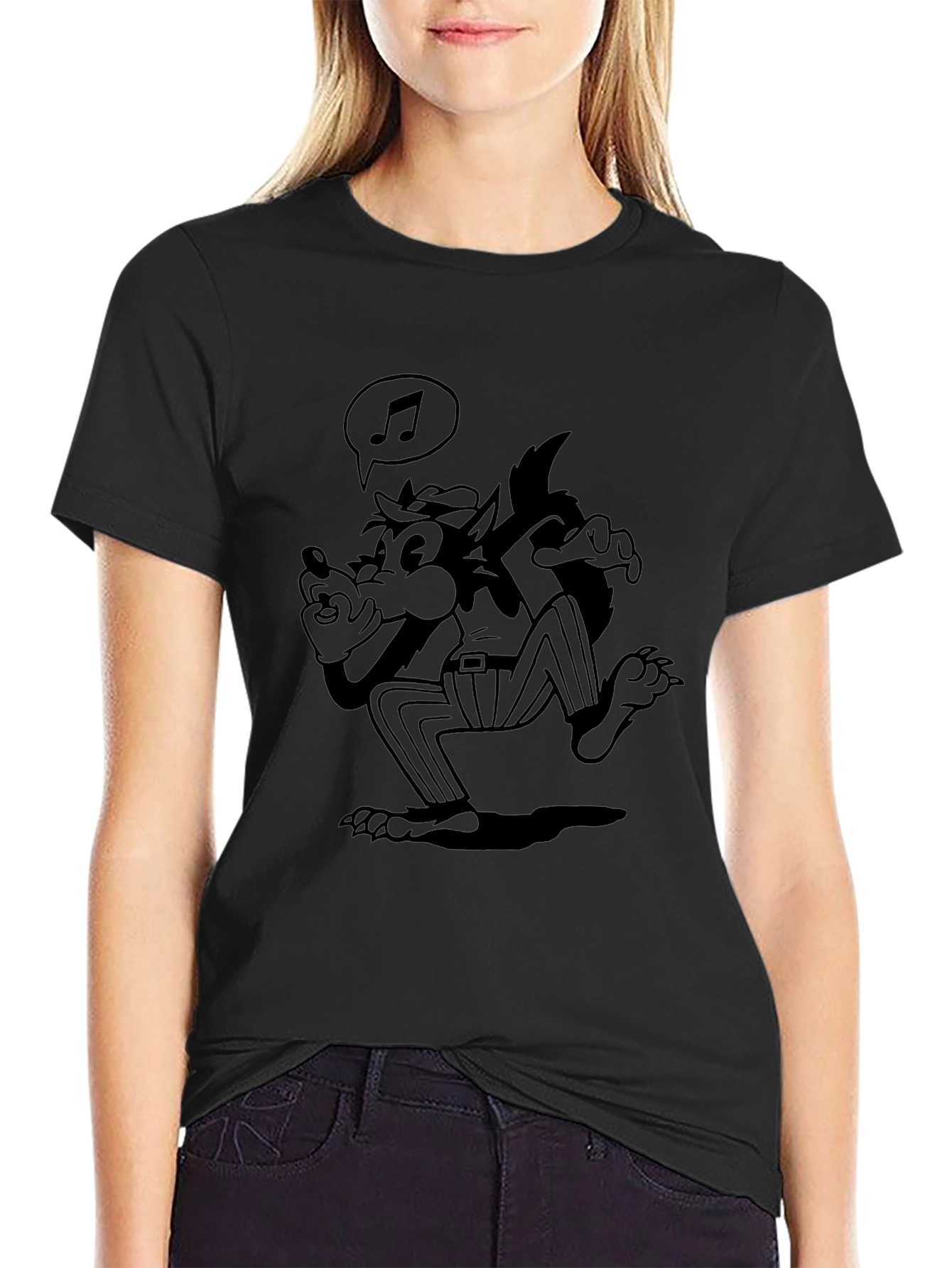 Black Cartoon Wolf T-Shirt - Black view 2