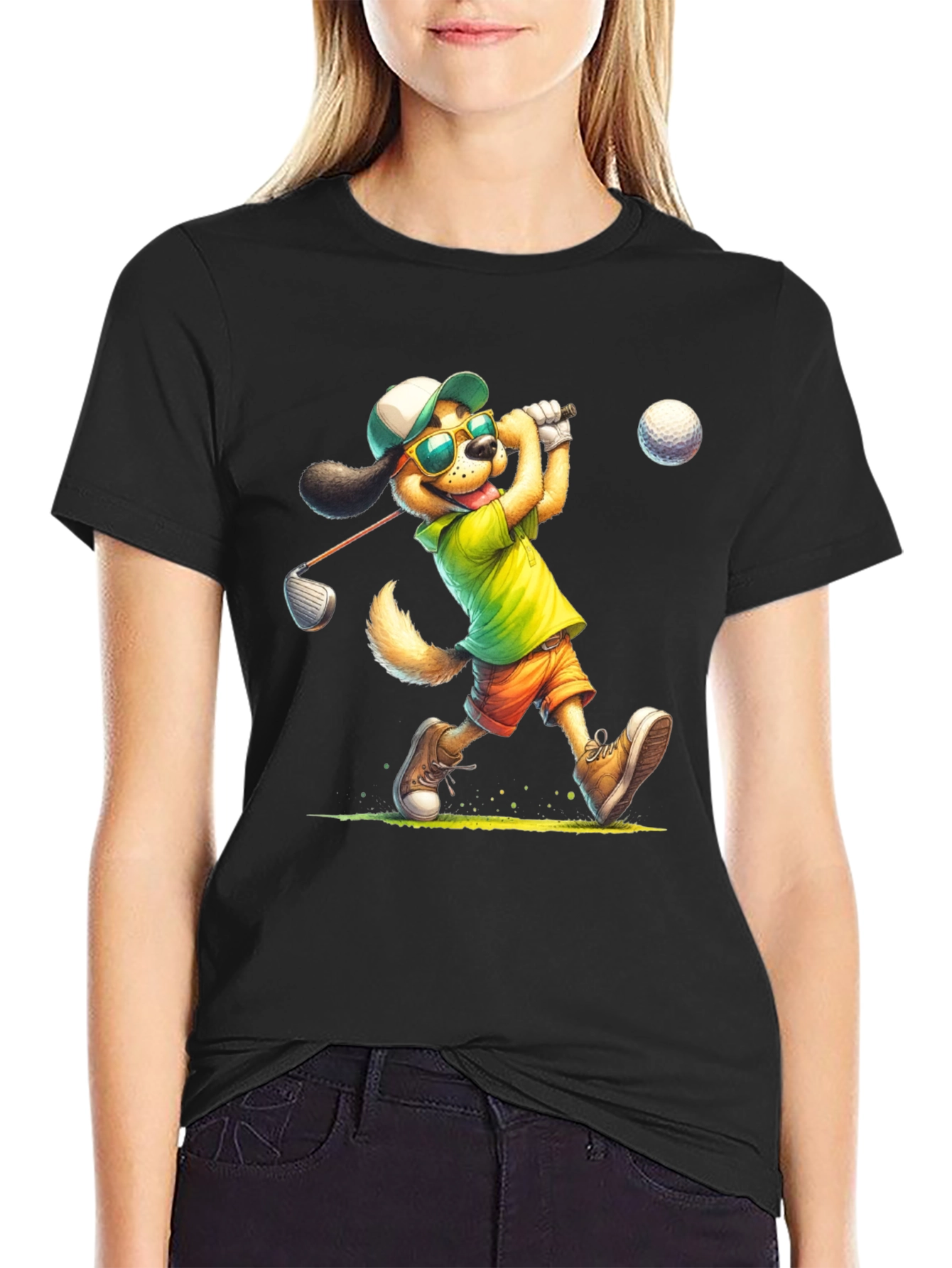 Black Cartoon Dog Golfer T-Shirt view 2