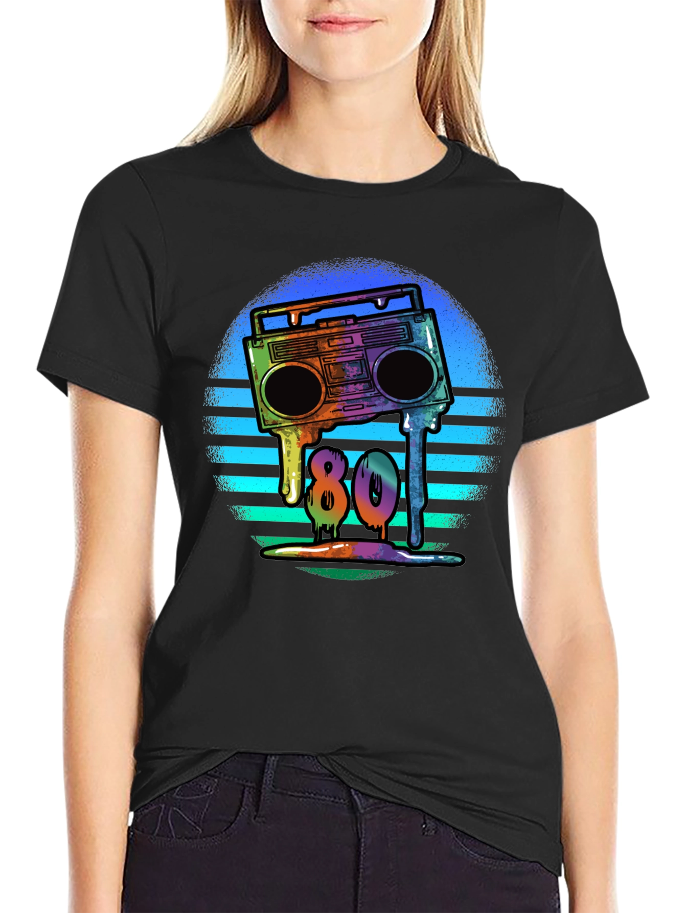 Black Retro 80s Boombox T-Shirt - Meltdown Design view 2