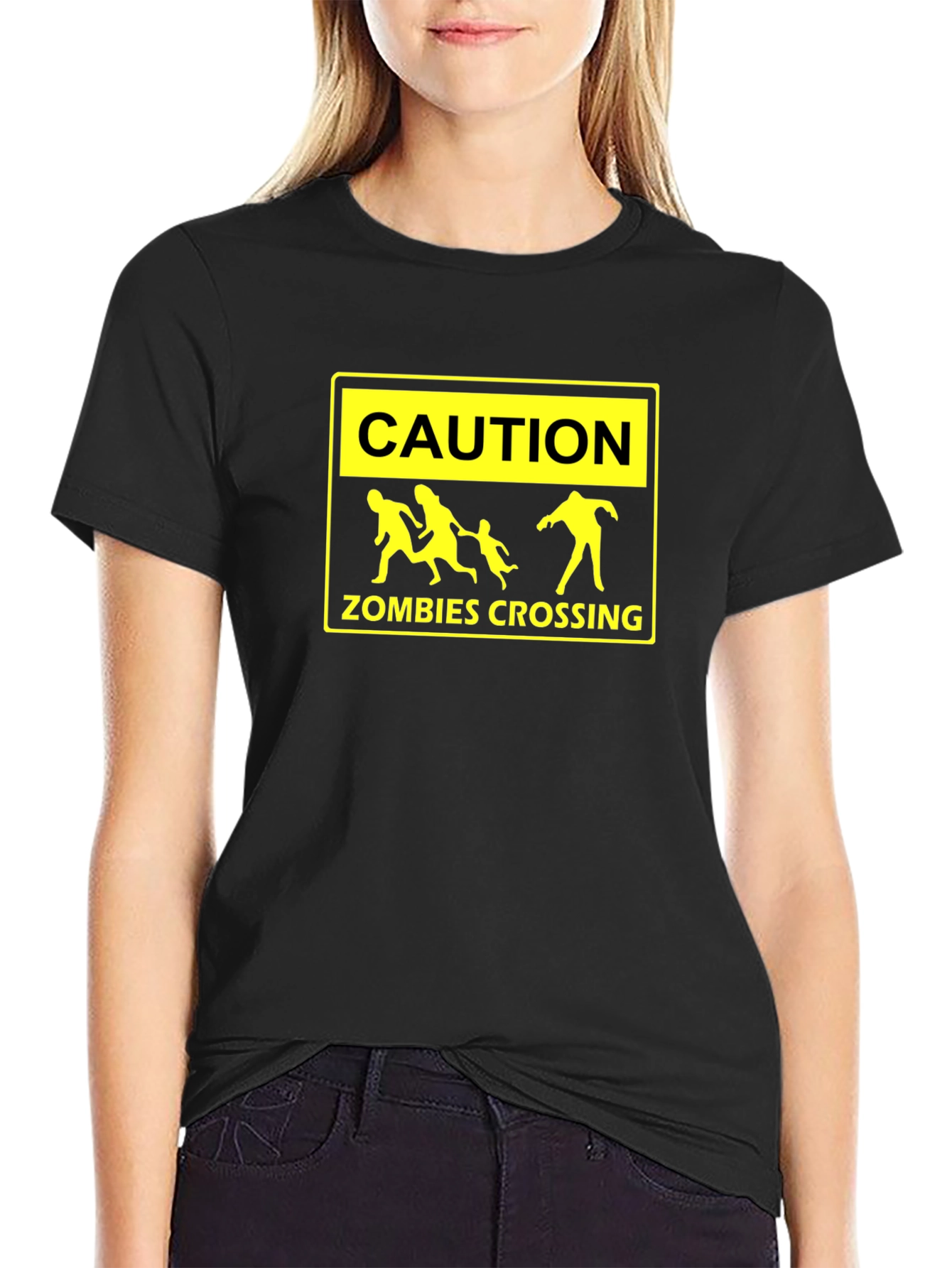 Black Caution Zombies Crossing Graphic T-Shirt view 2