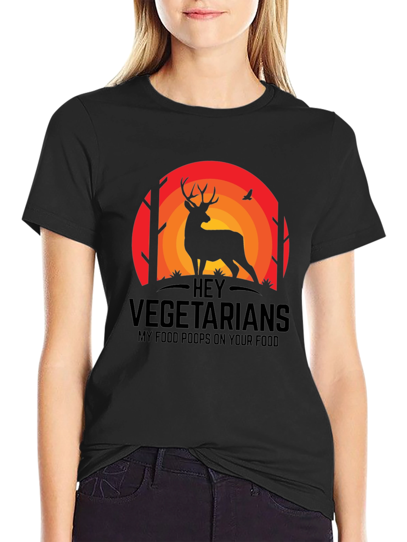 Black Hey Vegetarians Funny Deer T-Shirt view 2