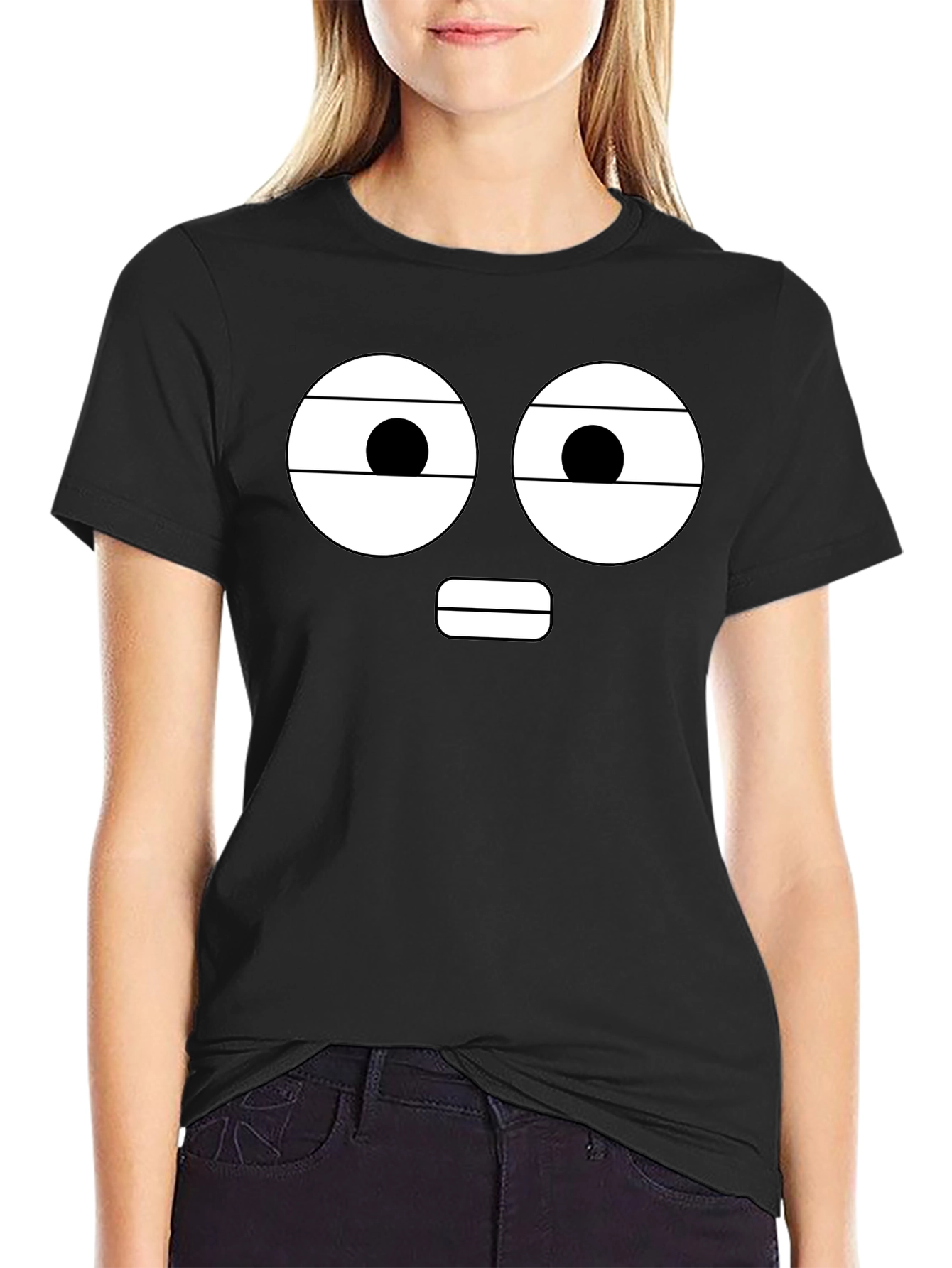 Black Funny Face Black T-Shirt - Cartoon Expression view 2