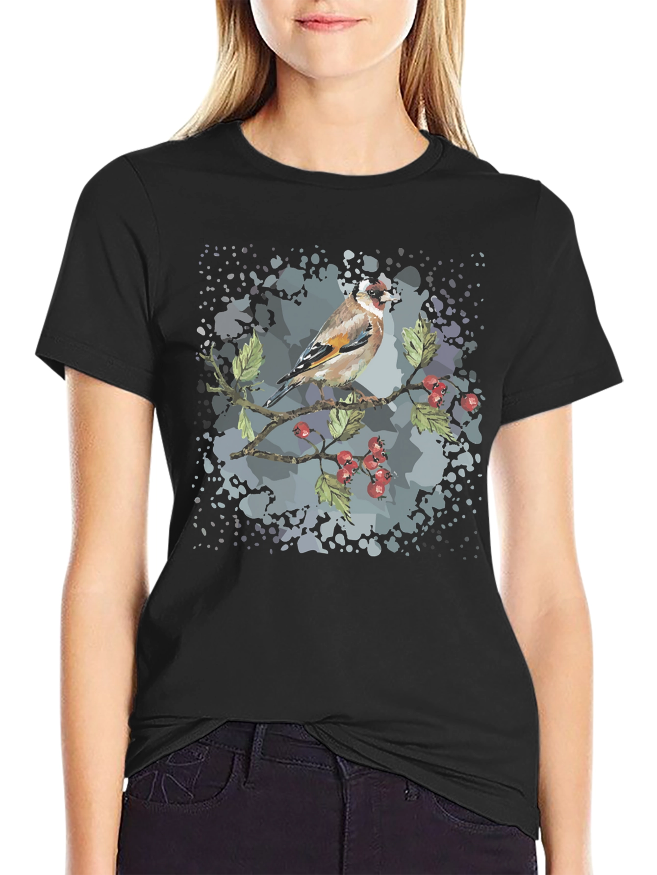 Black Goldfinch Bird Graphic Black T-Shirt view 2