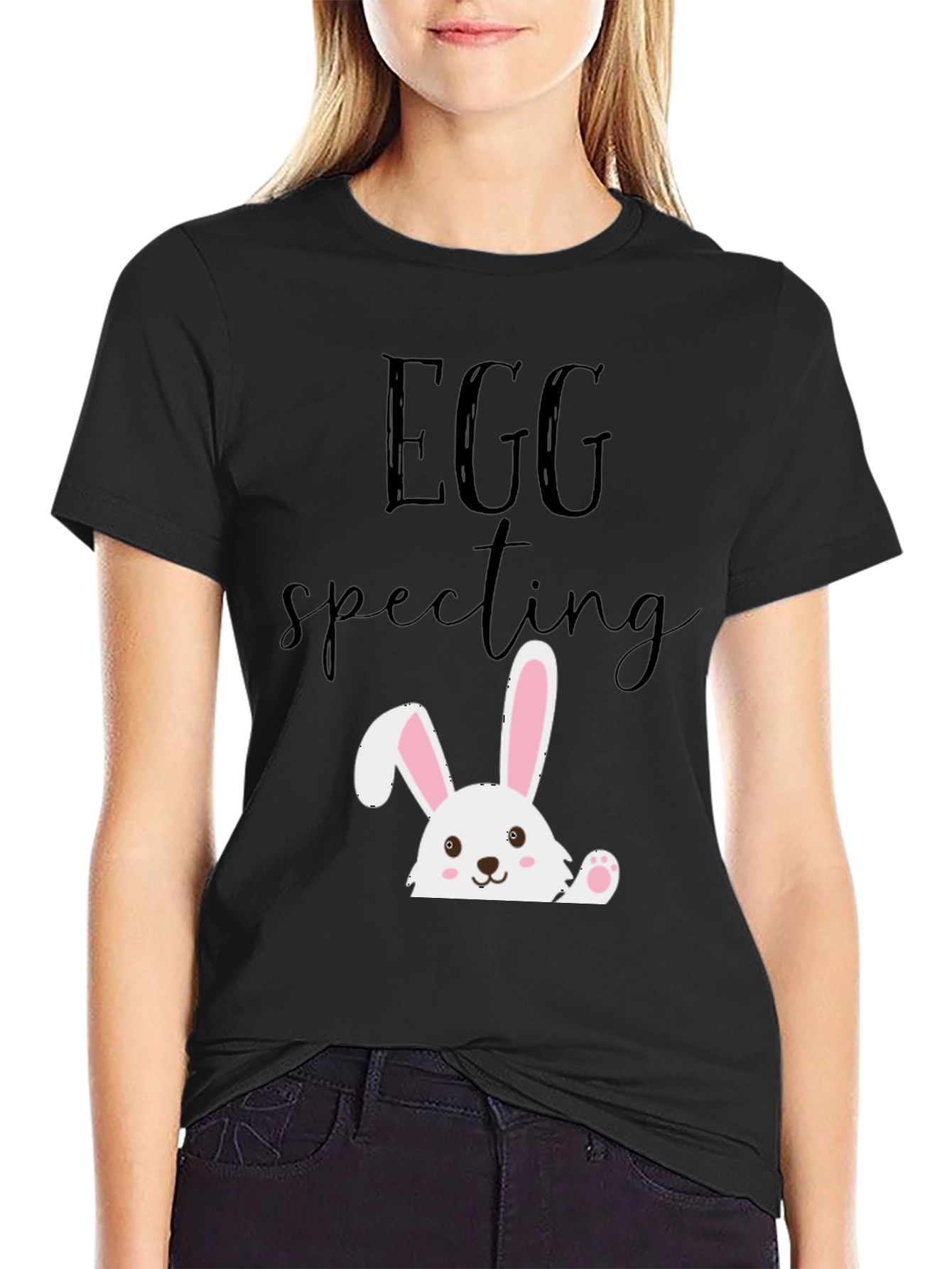 Black Eggspecting Easter Bunny T-Shirt - Funny Pregnancy Tee view 2
