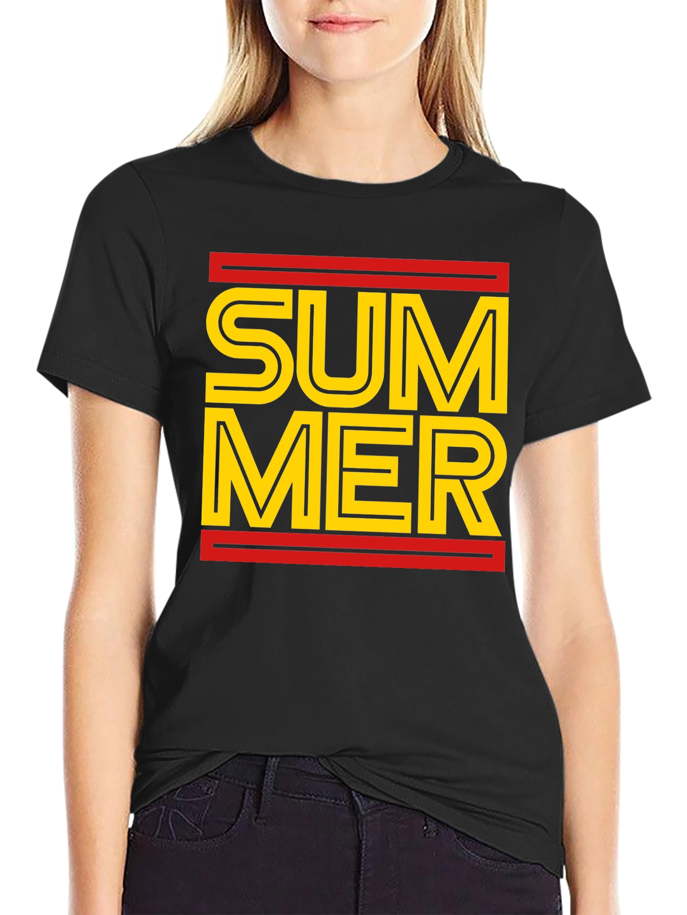 Black Summer Graphic Tee - Black Cotton Casual T-Shirt view 2