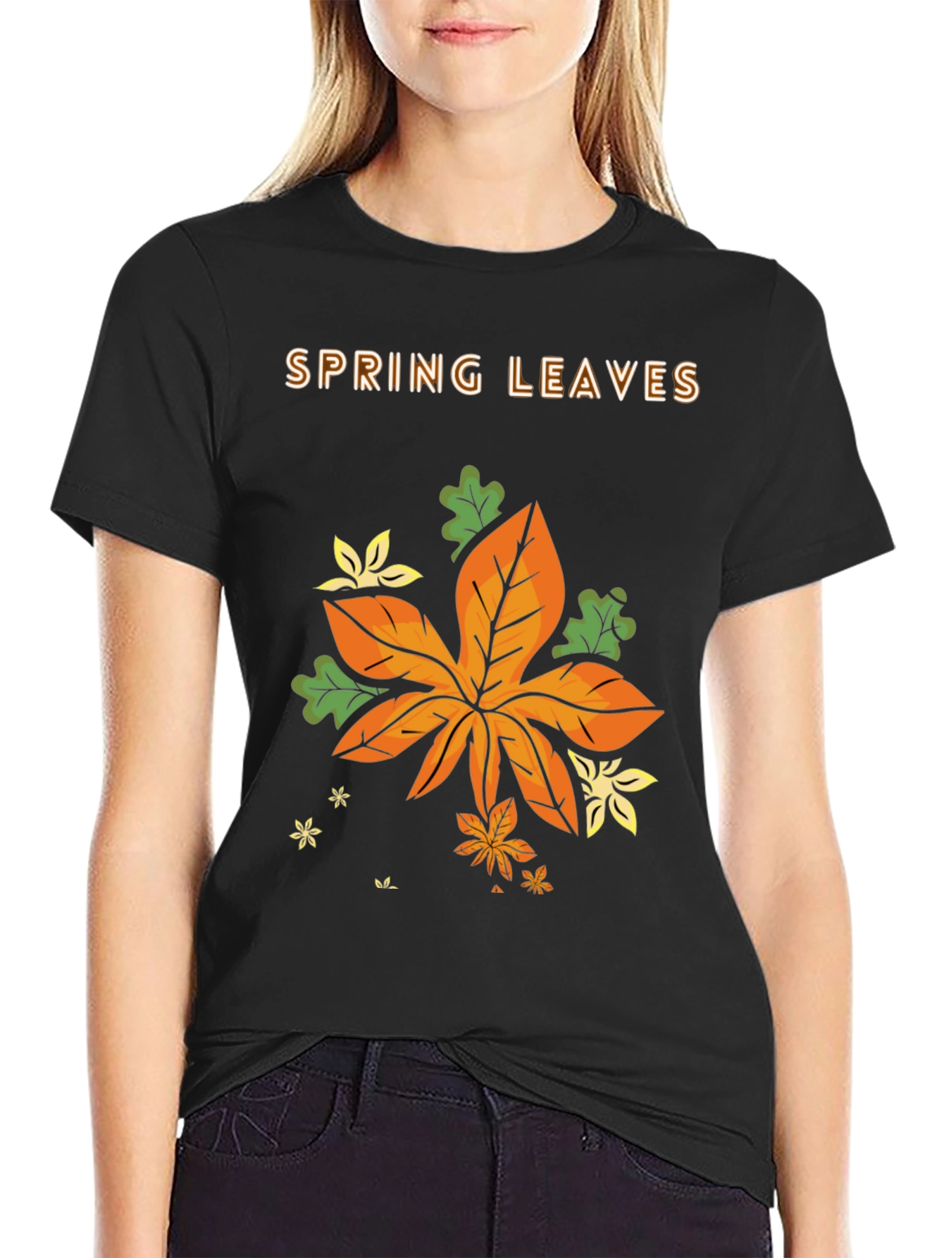 Black Spring Leaves Graphic T-Shirt view 2