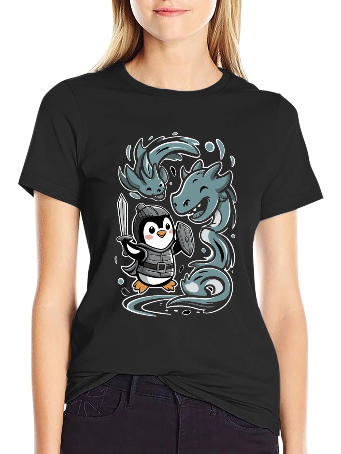 Black Penguin Knight vs Sea Serpent Graphic Tee view 2
