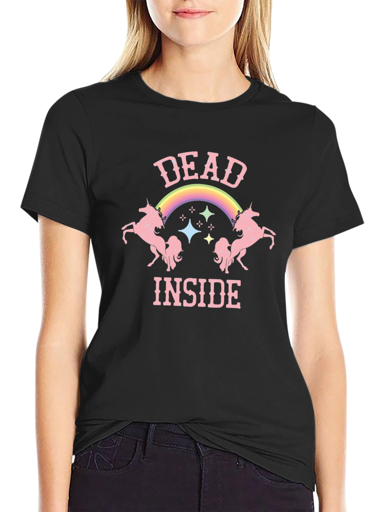 Black Dead Inside Unicorn Graphic Tee - Black Cotton T-Shirt view 2