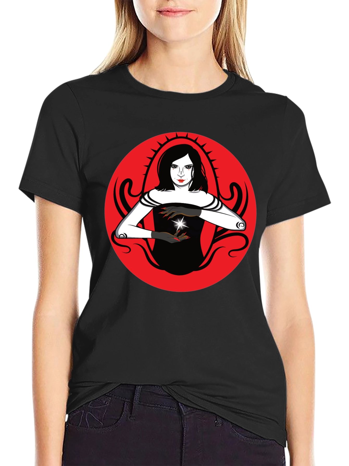 Black Mystic Witch Graphic Tee - Black Cotton T-Shirt view 2