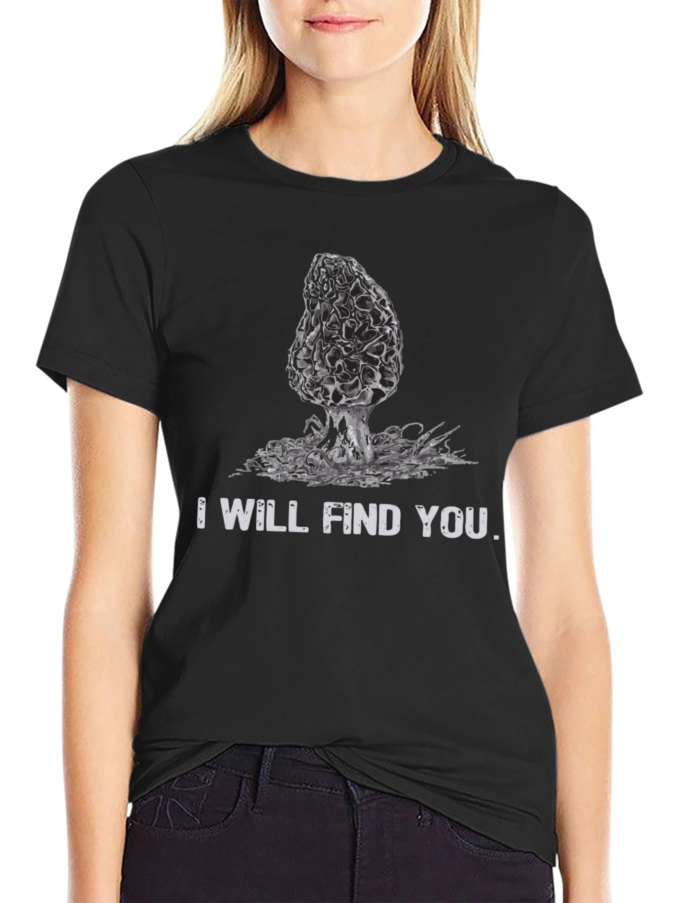 Black Mushroom Hunter T-Shirt: "I Will Find You" view 2