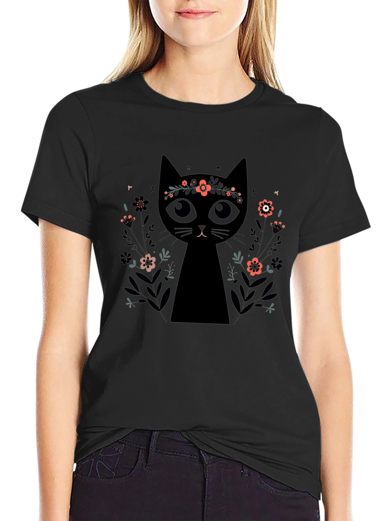 Black Black Cat Floral Crown T-Shirt - Trendy Graphic Tee view 2