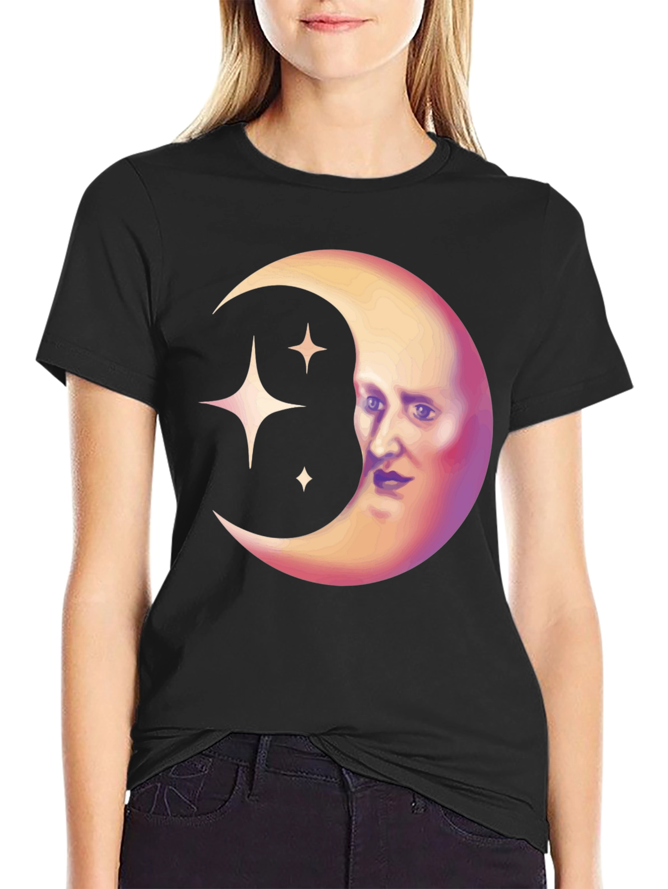 Black Celestial Moon Face Graphic Tee - Unique Design view 2