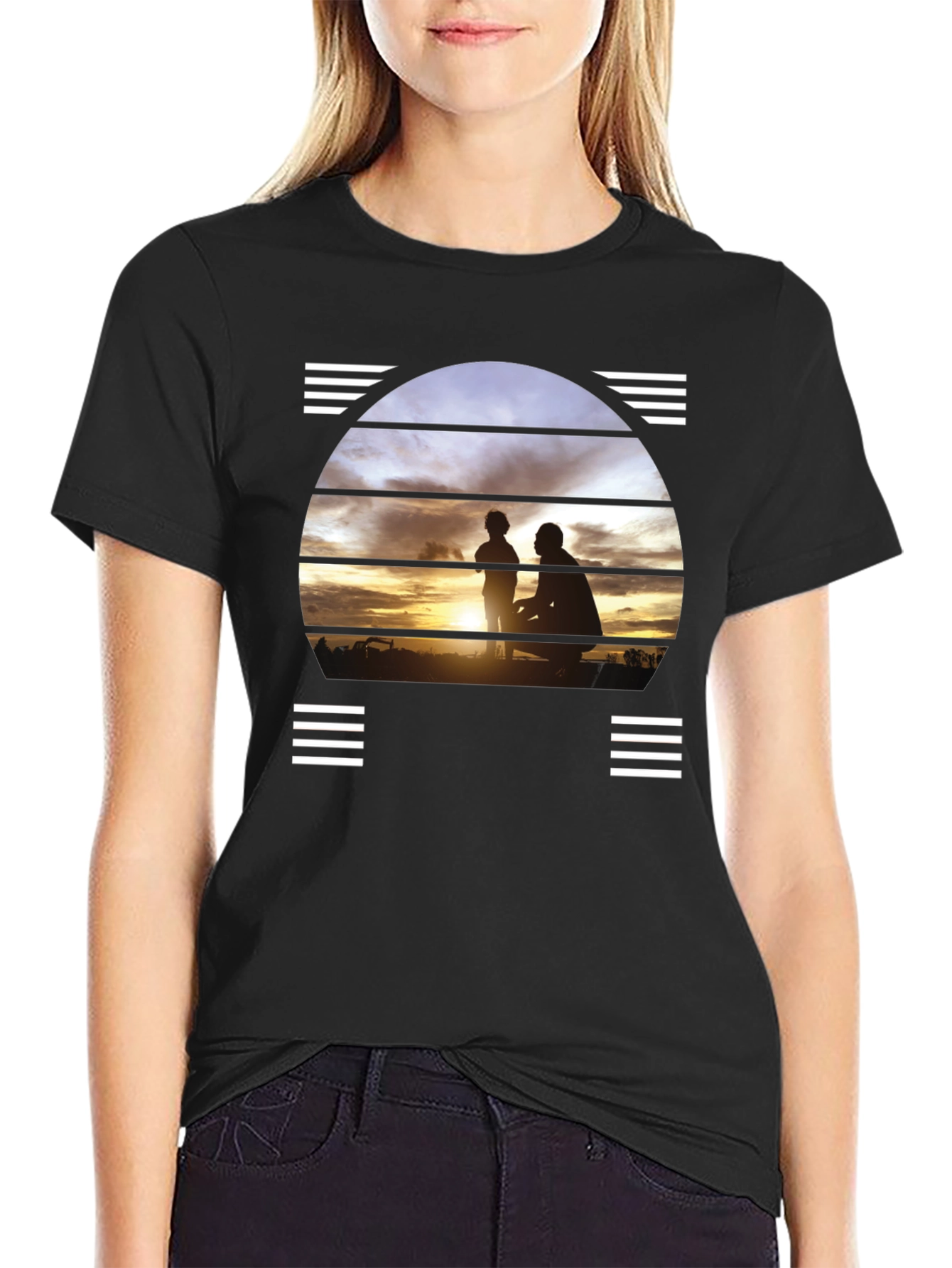 Black Sunset Father & Child Silhouette Black T-Shirt view 2