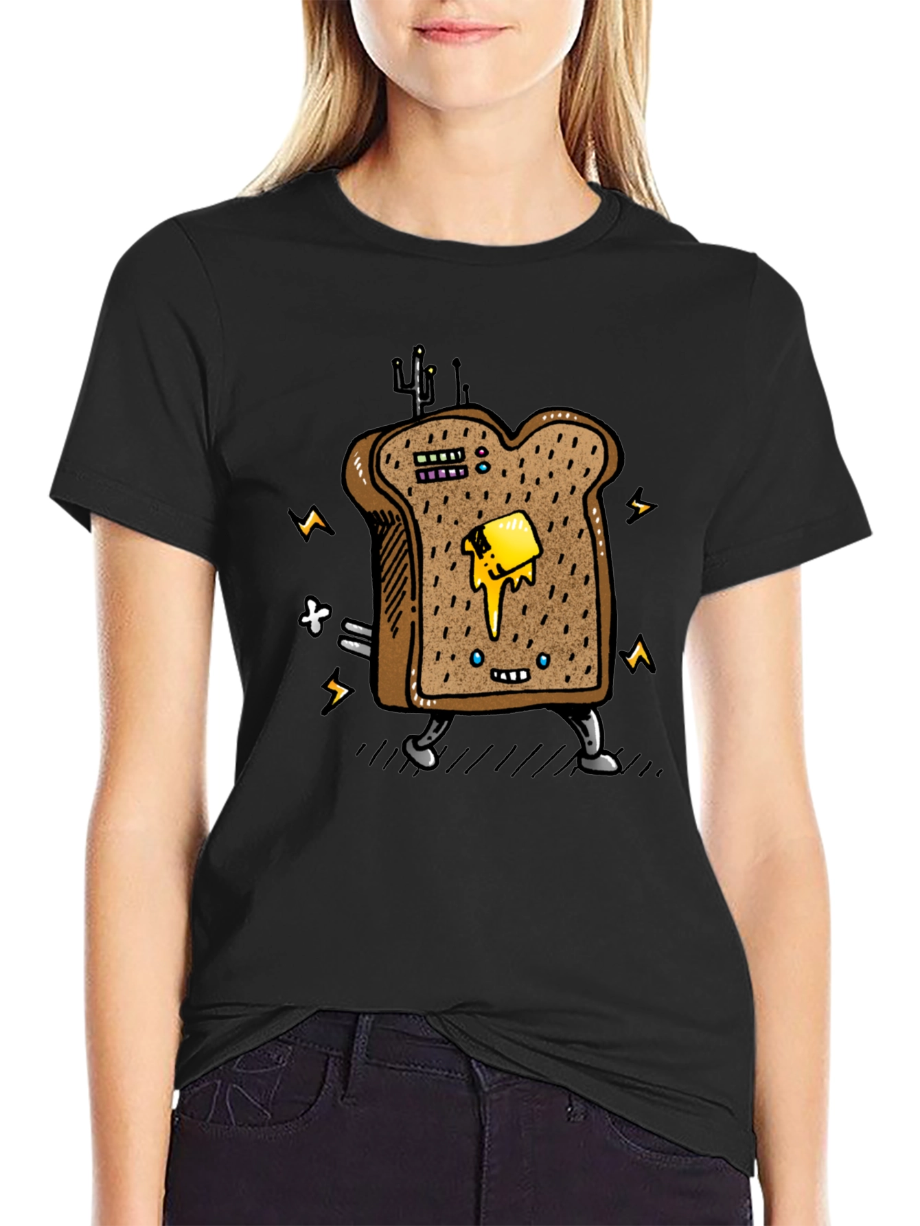 Black Animated Toast Graphic Black T-Shirt view 2