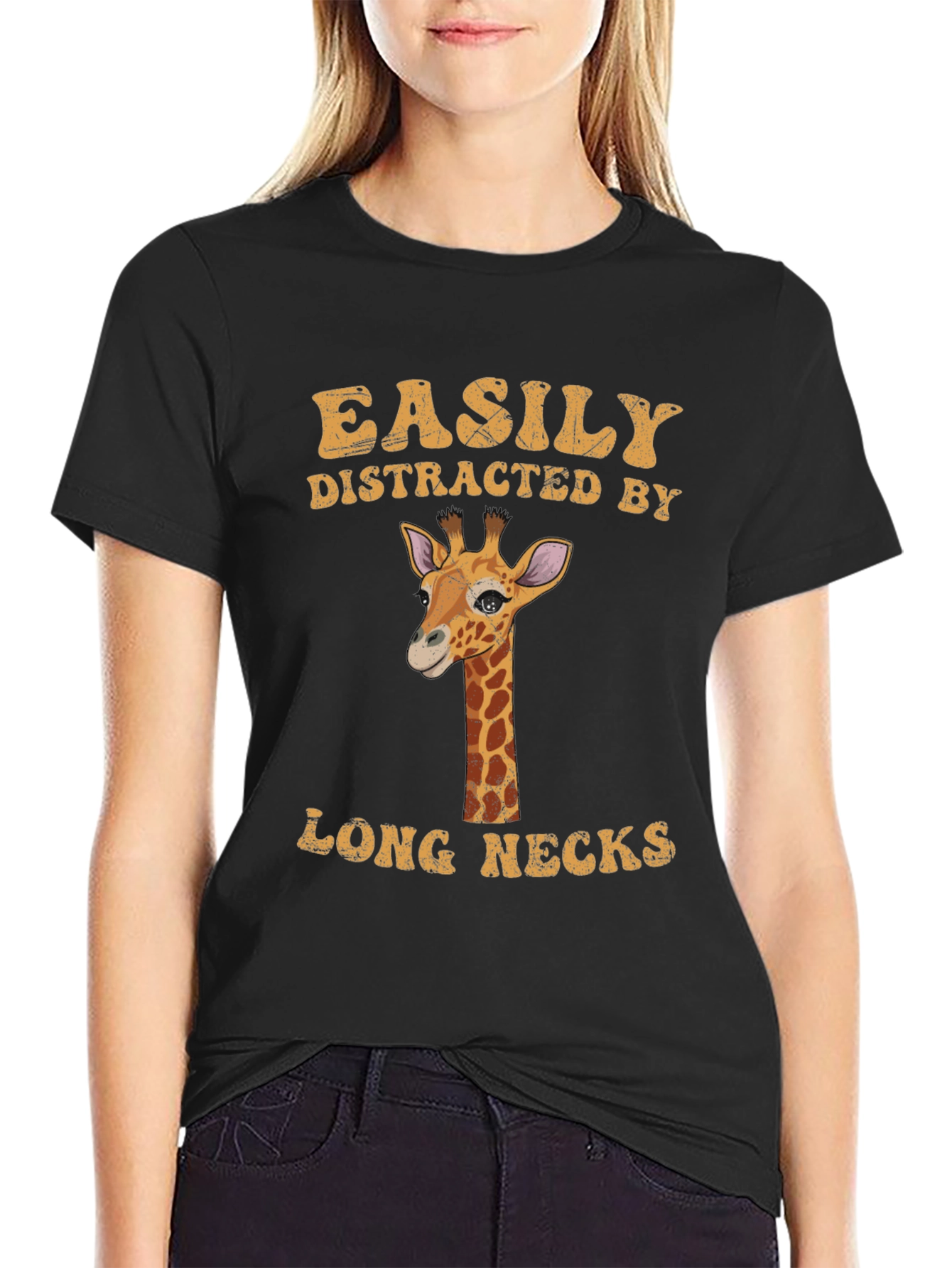 Black Easily Distracted by Long Necks Giraffe T-Shirt view 2