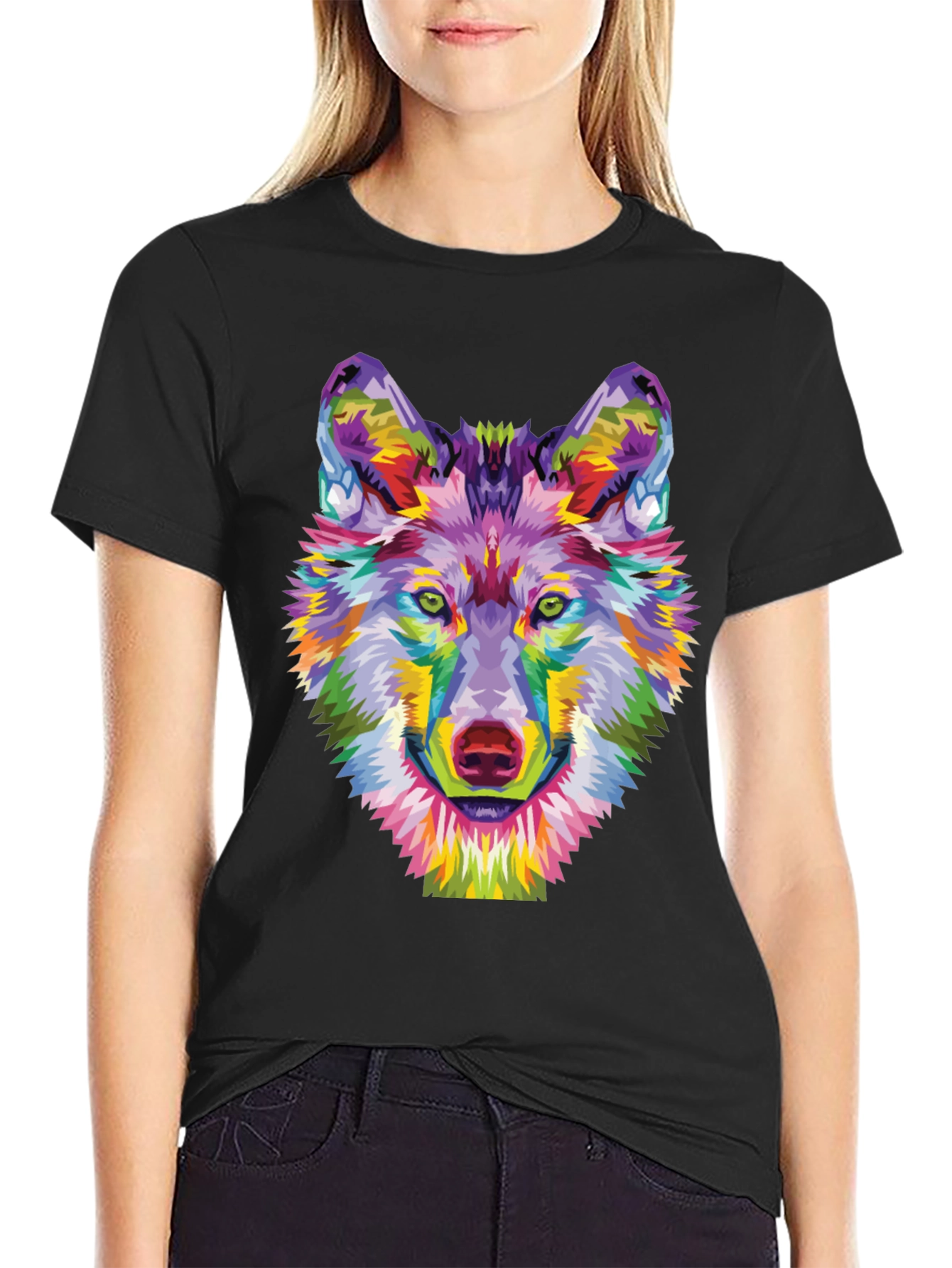 Black Colorful Wolf Graphic Tee - Unique Art Shirt view 2