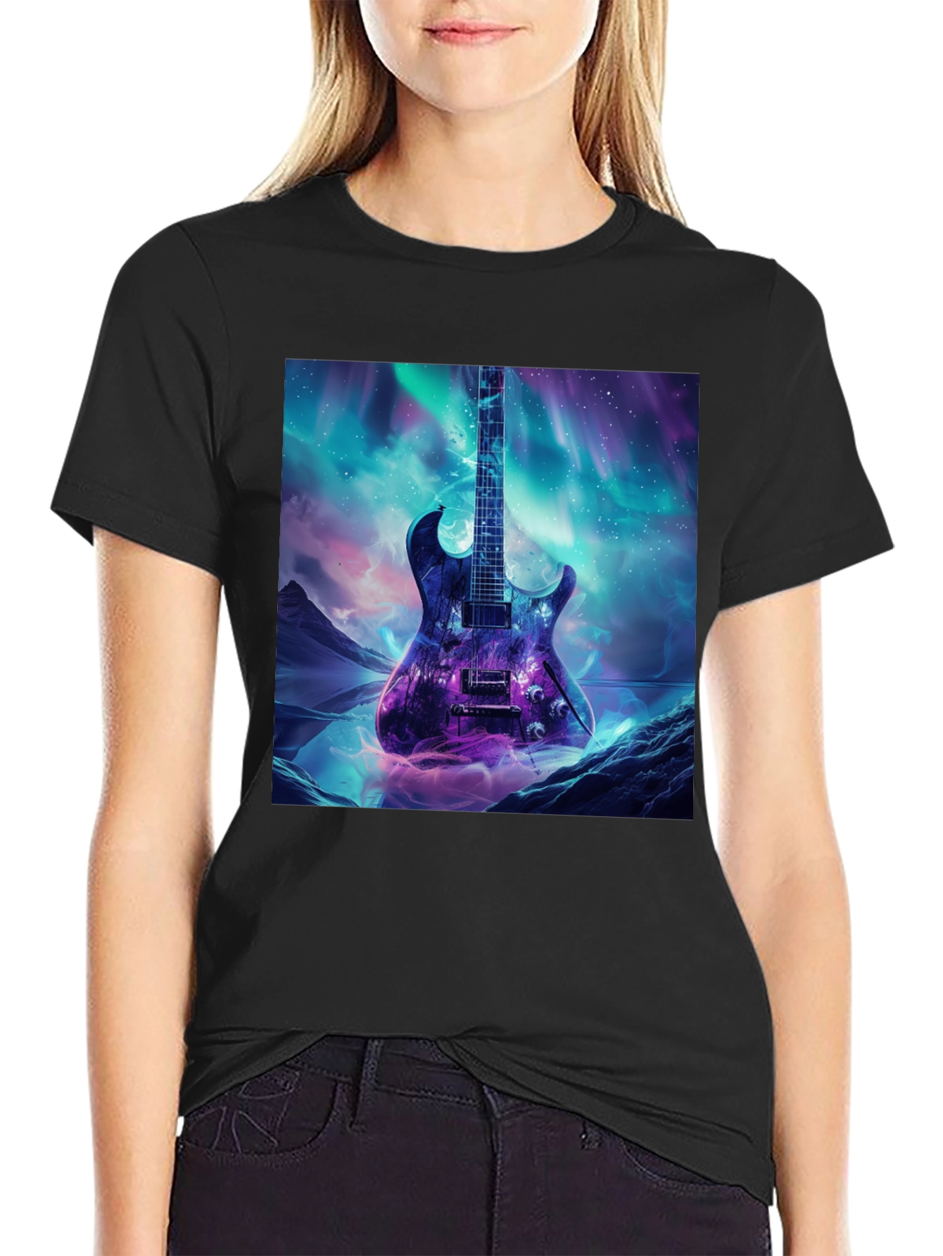 Black Guitar Galaxy Graphic Tee - Black Cotton T-Shirt view 2
