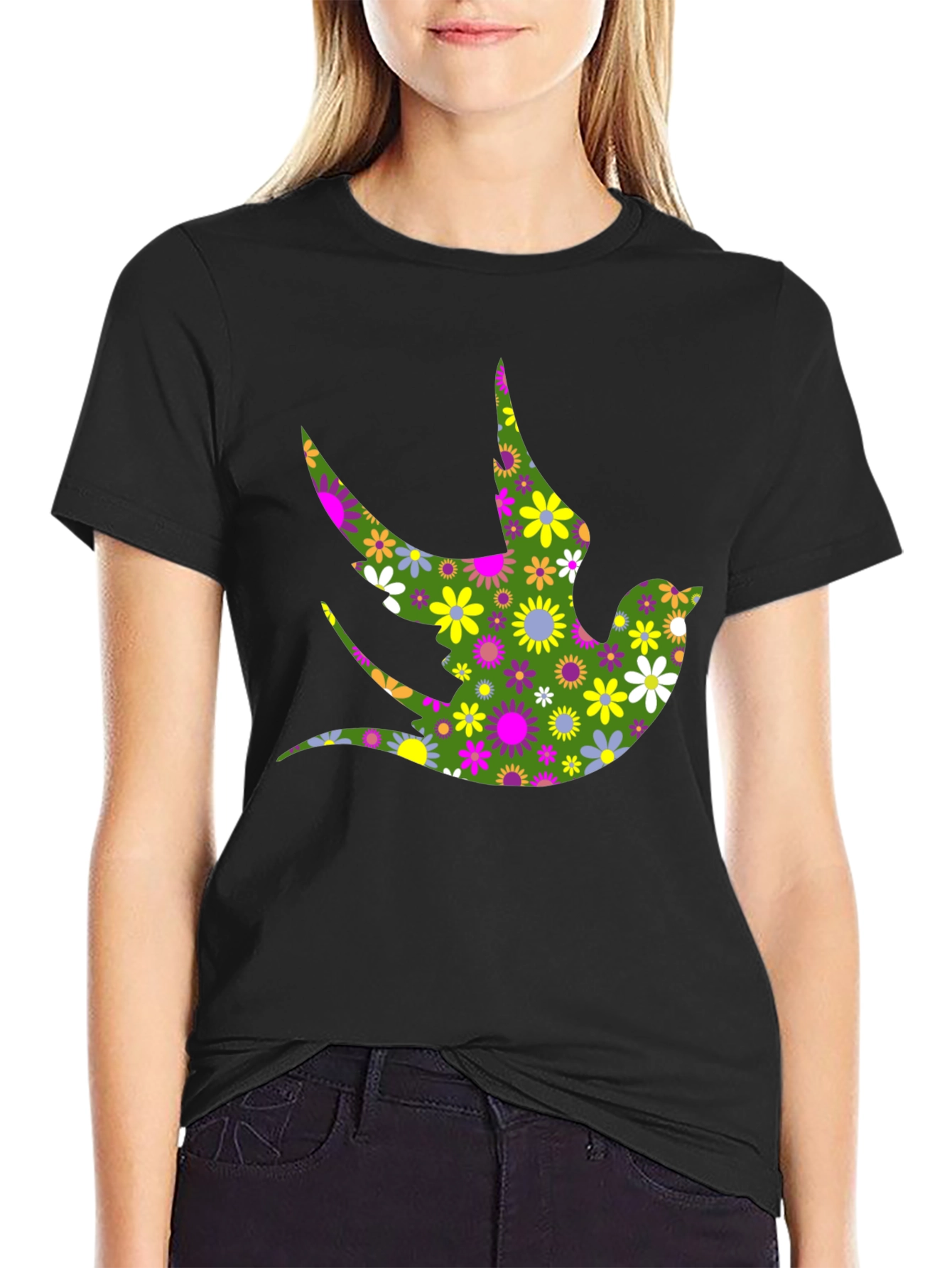 Black Floral Bird Print Black T-Shirt view 2