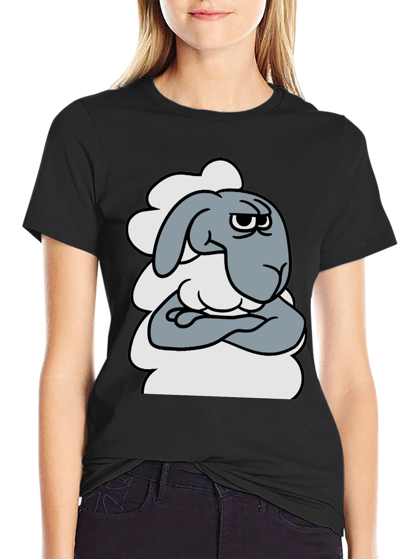 Black Grumpy Cartoon Sheep T-Shirt - Funny Animal Graphic Tee view 2