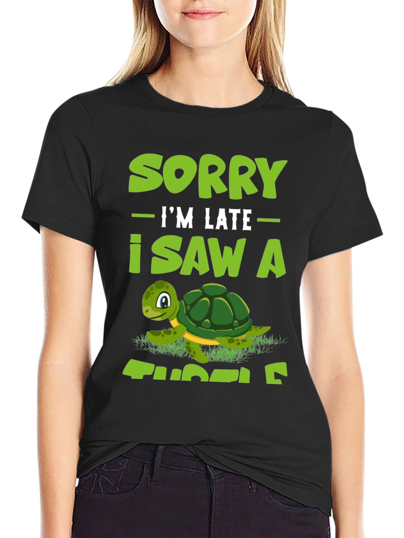 Black Sorry I'm Late I Saw A Turtle T-Shirt view 2