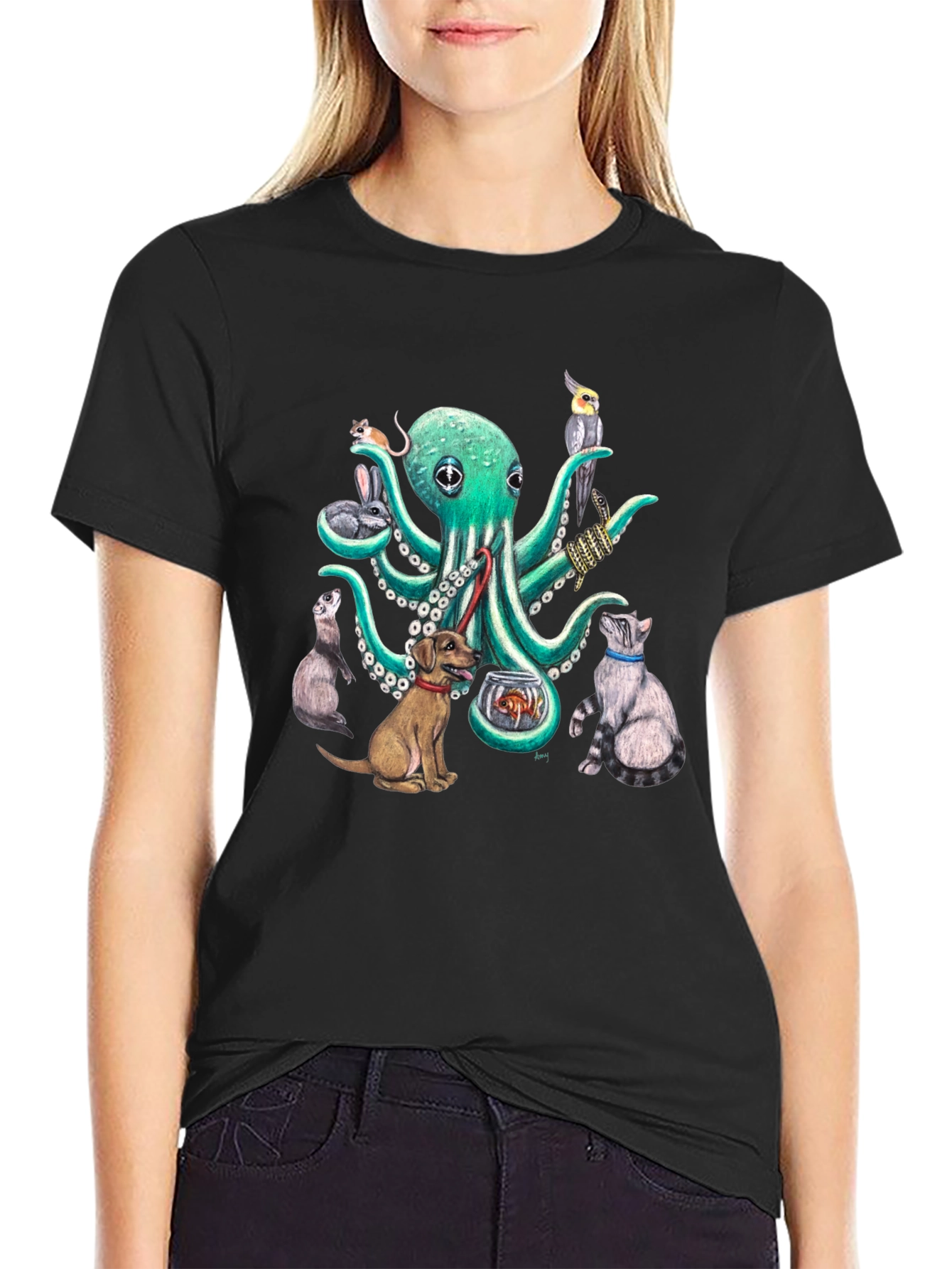 Black Octopus Pet Lover Graphic T-Shirt view 2