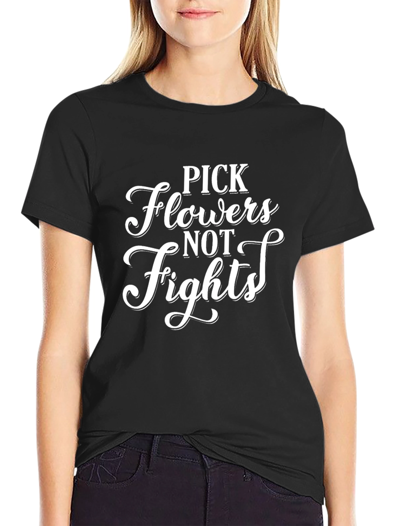 Black Pick Flowers Not Fights Graphic Tee view 2