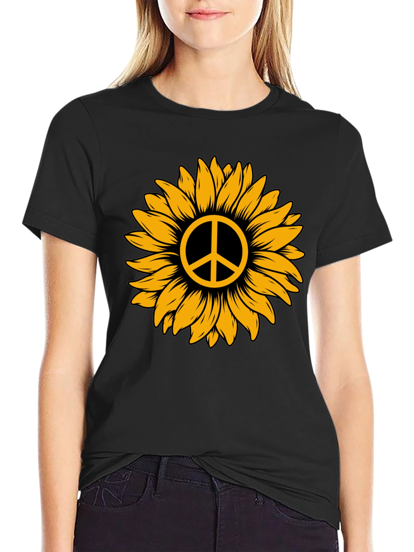 Black Sunflower Peace Sign Graphic Tee - Stylish Comfort view 2
