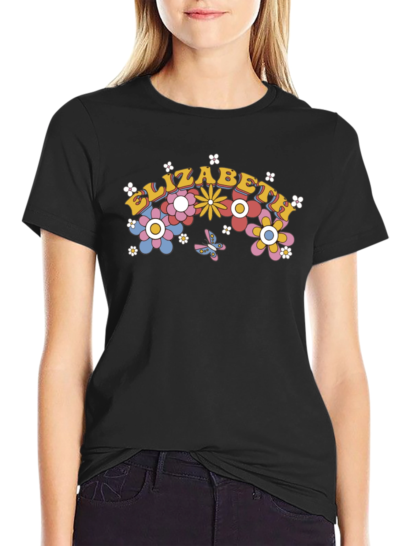 Black Elizabeth Floral Graphic Tee - Retro Style Black T-Shirt view 2