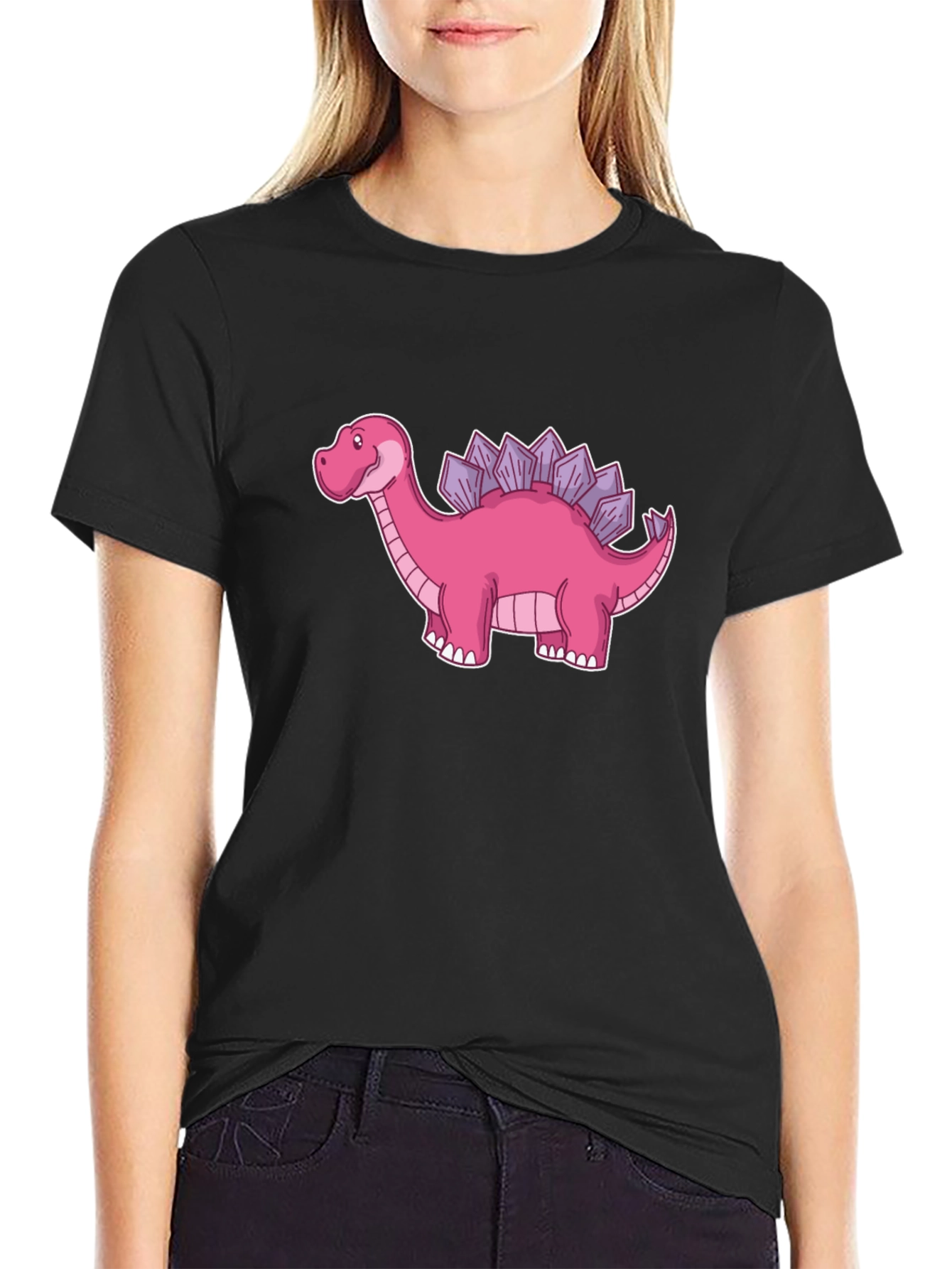 Black Dino T-Shirt - Pink Stegosaurus Graphic Tee view 2