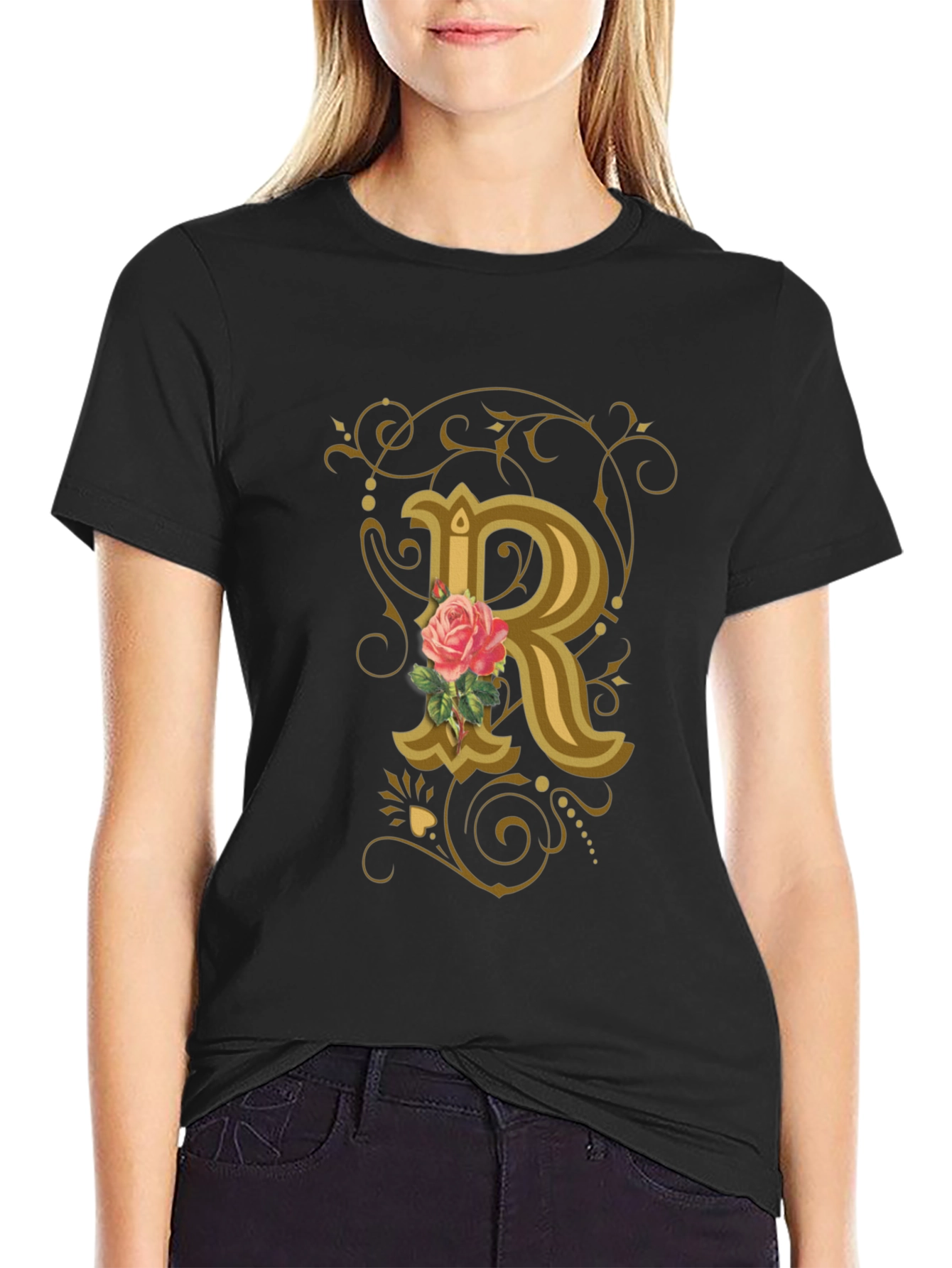 Black Rose Initial R Black T-Shirt view 2