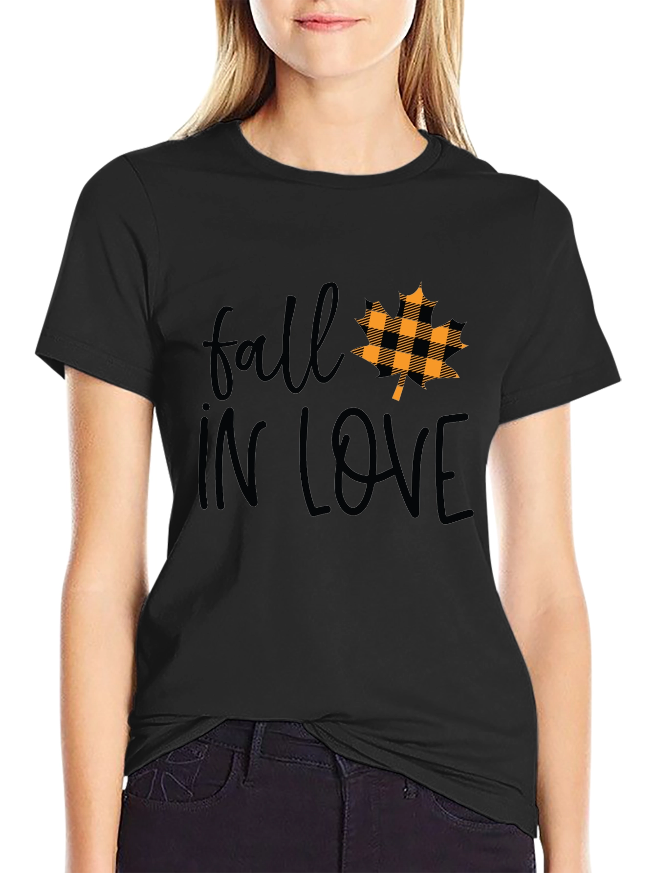 Black Fall In Love Maple Leaf Plaid T-Shirt view 2