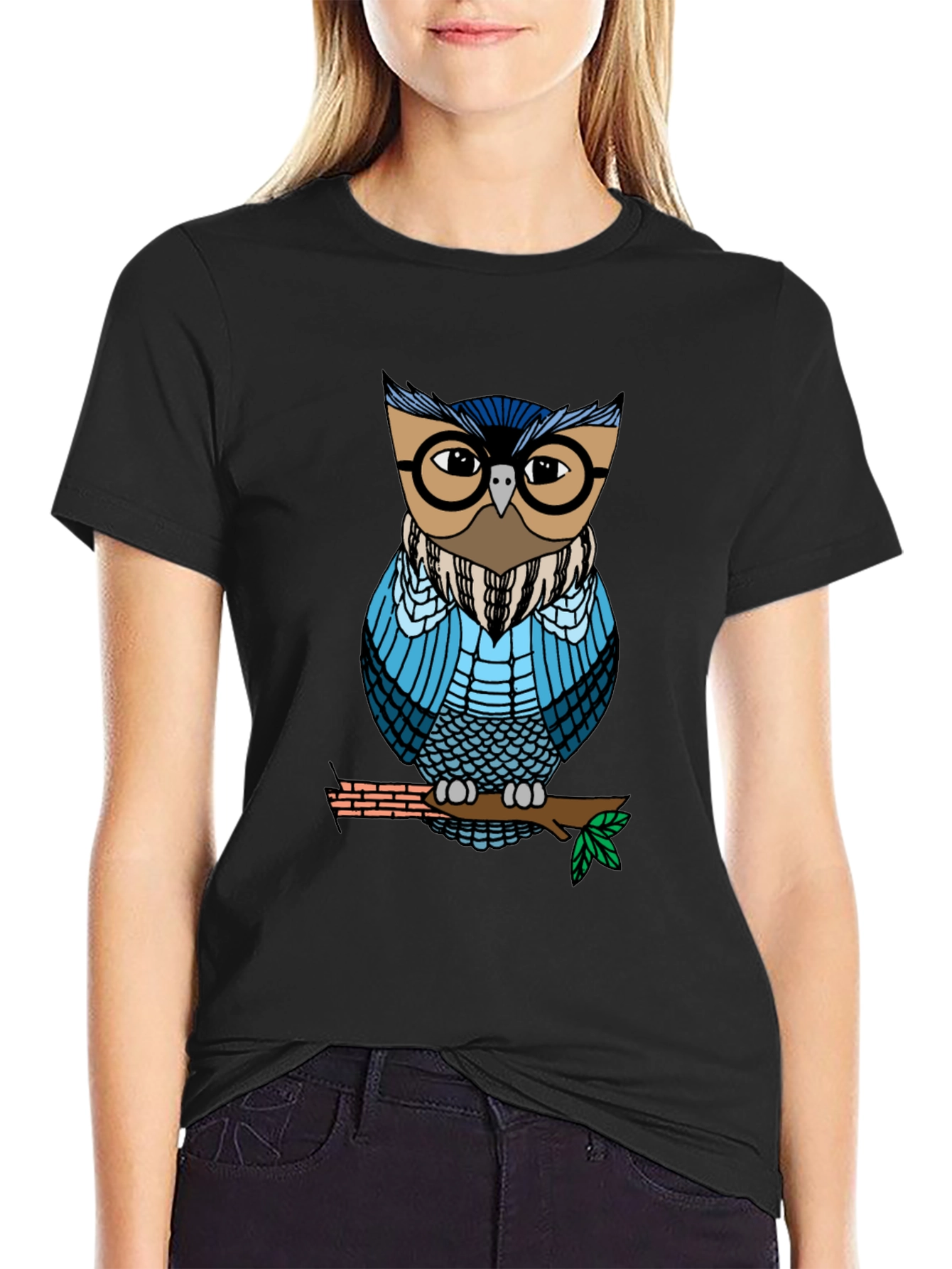 Black Cool Owl Graphic Tee - Unisex Black T-Shirt view 2