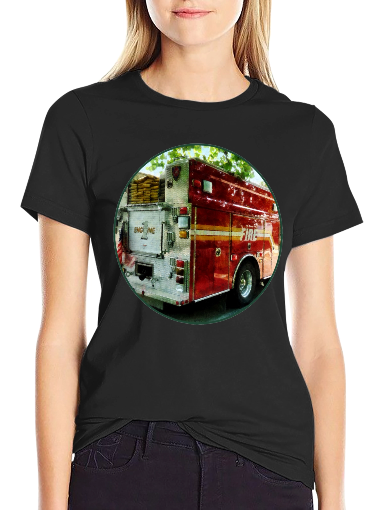 Black Fire Truck Graphic T-Shirt - Black Cotton Tee view 2