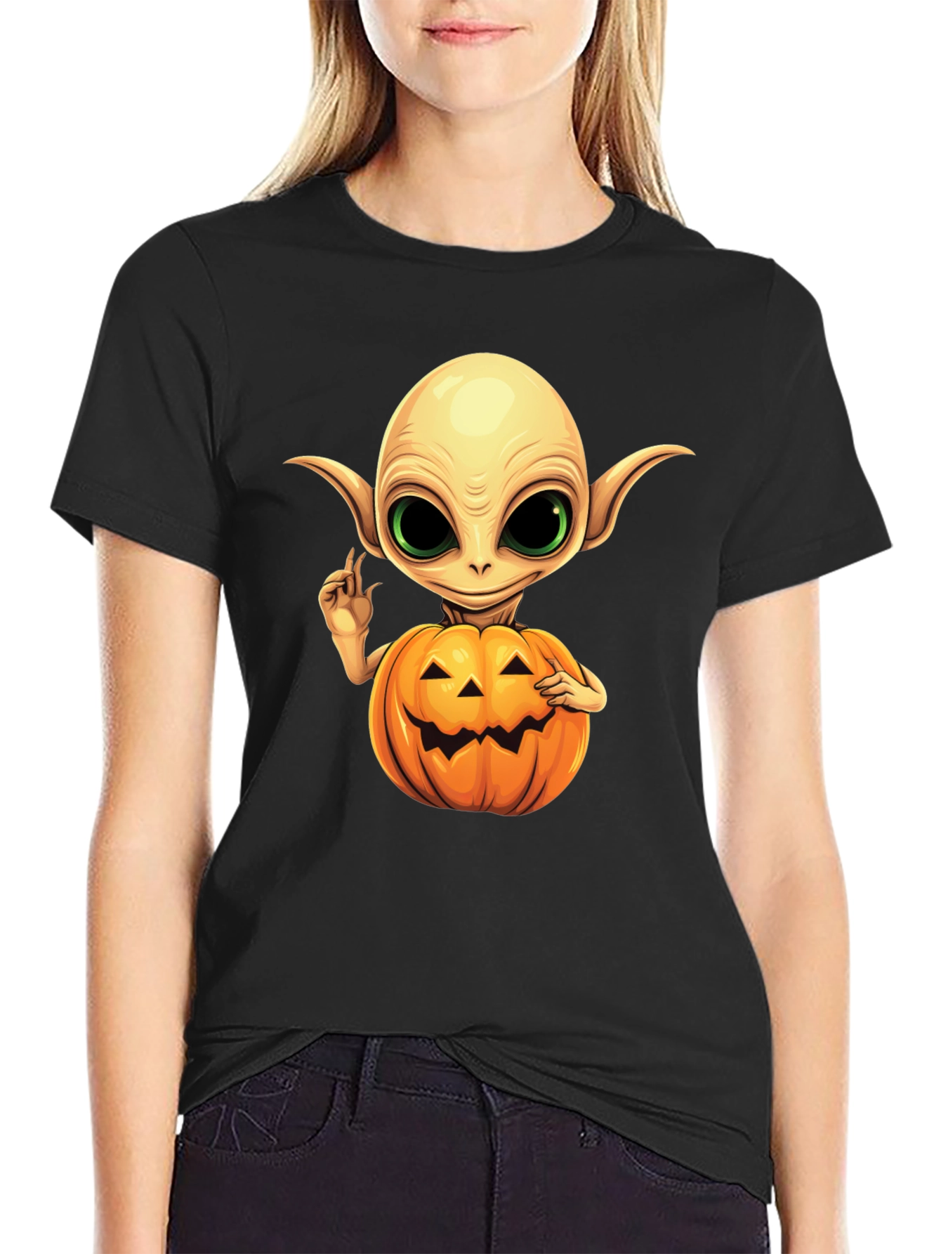 Black Spooky Alien Pumpkin T-Shirt view 2