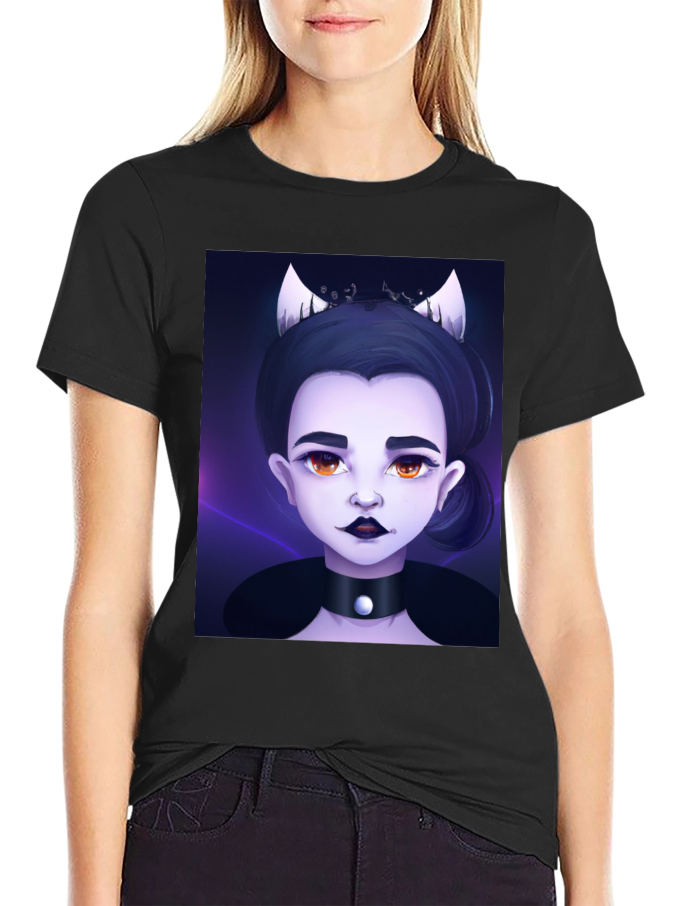 Black Gothic Cartoon Girl Black T-Shirt view 2