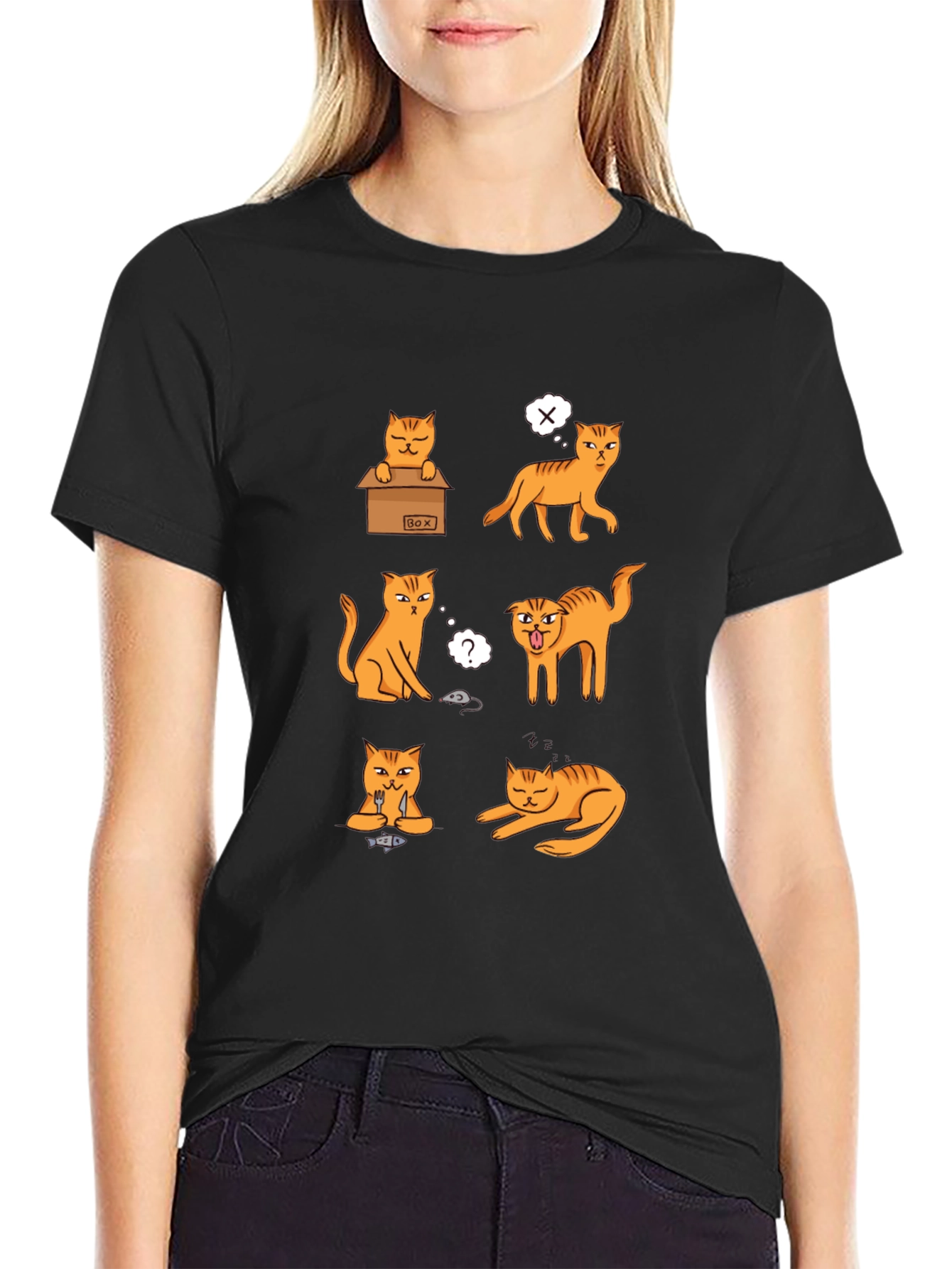 Black Funny Cat Moods Graphic T-Shirt view 2