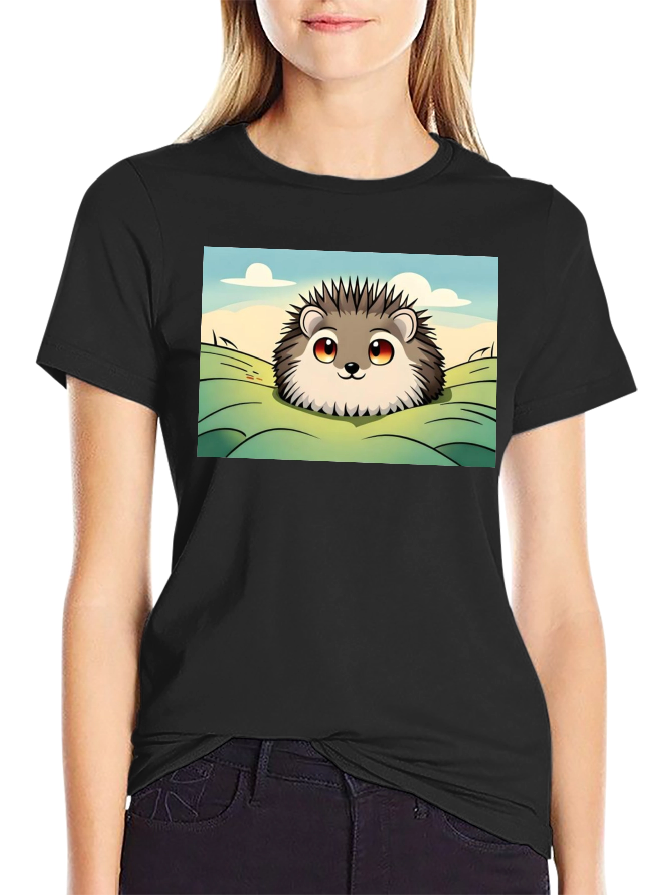 Black Cute Hedgehog Graphic Tee - Black Cotton T-Shirt view 2