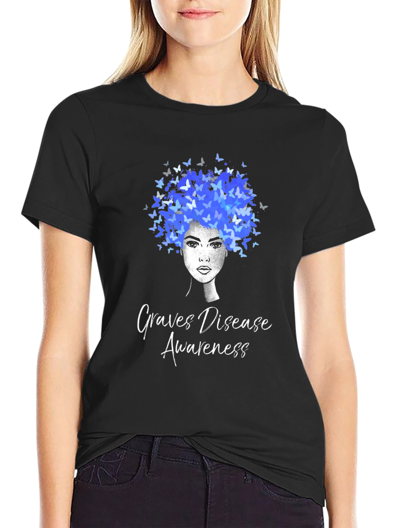 Black Graves Disease Awareness Butterfly Afro T-Shirt view 2