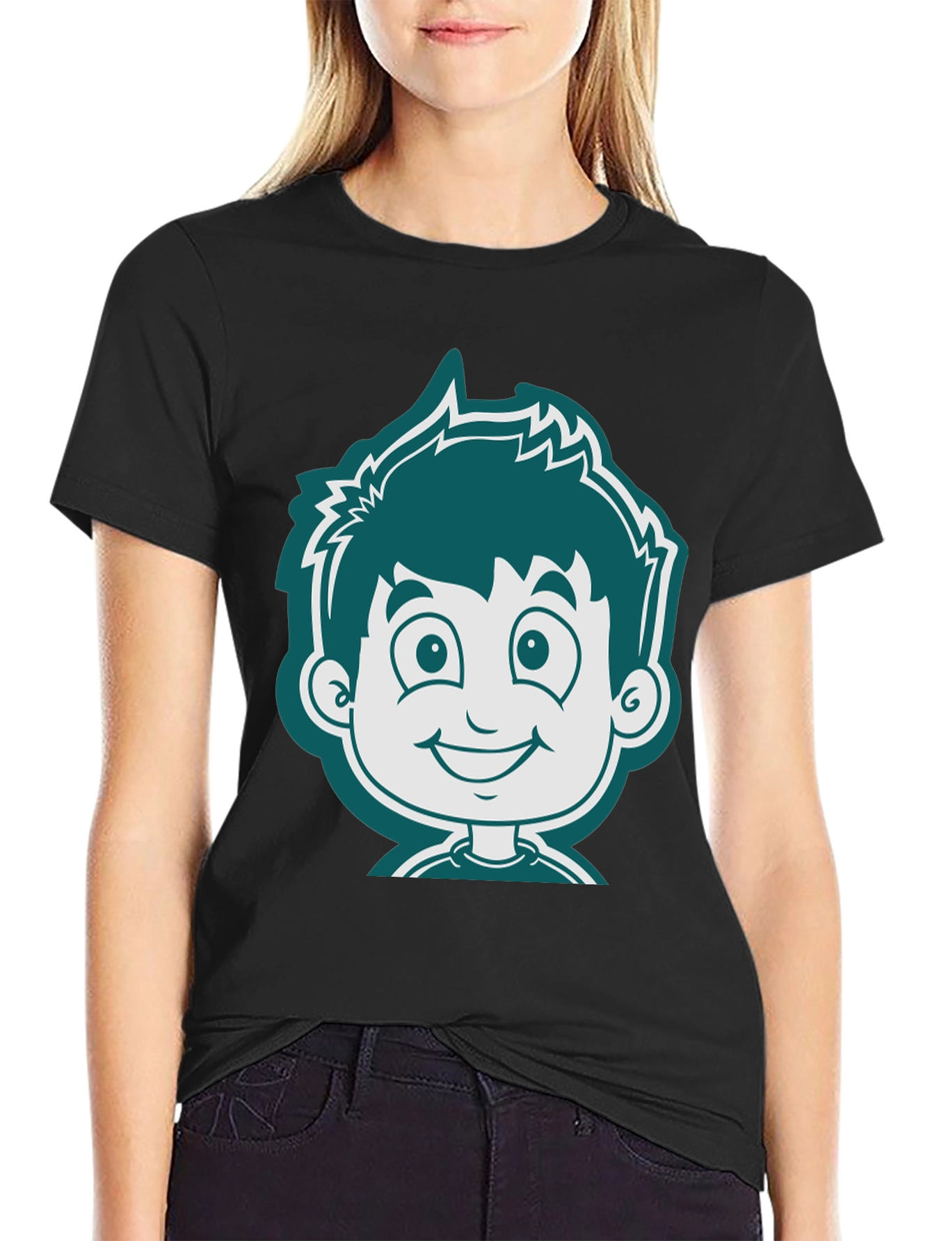 Black Cartoon Boy Graphic Tee - Black Cotton T-Shirt view 2
