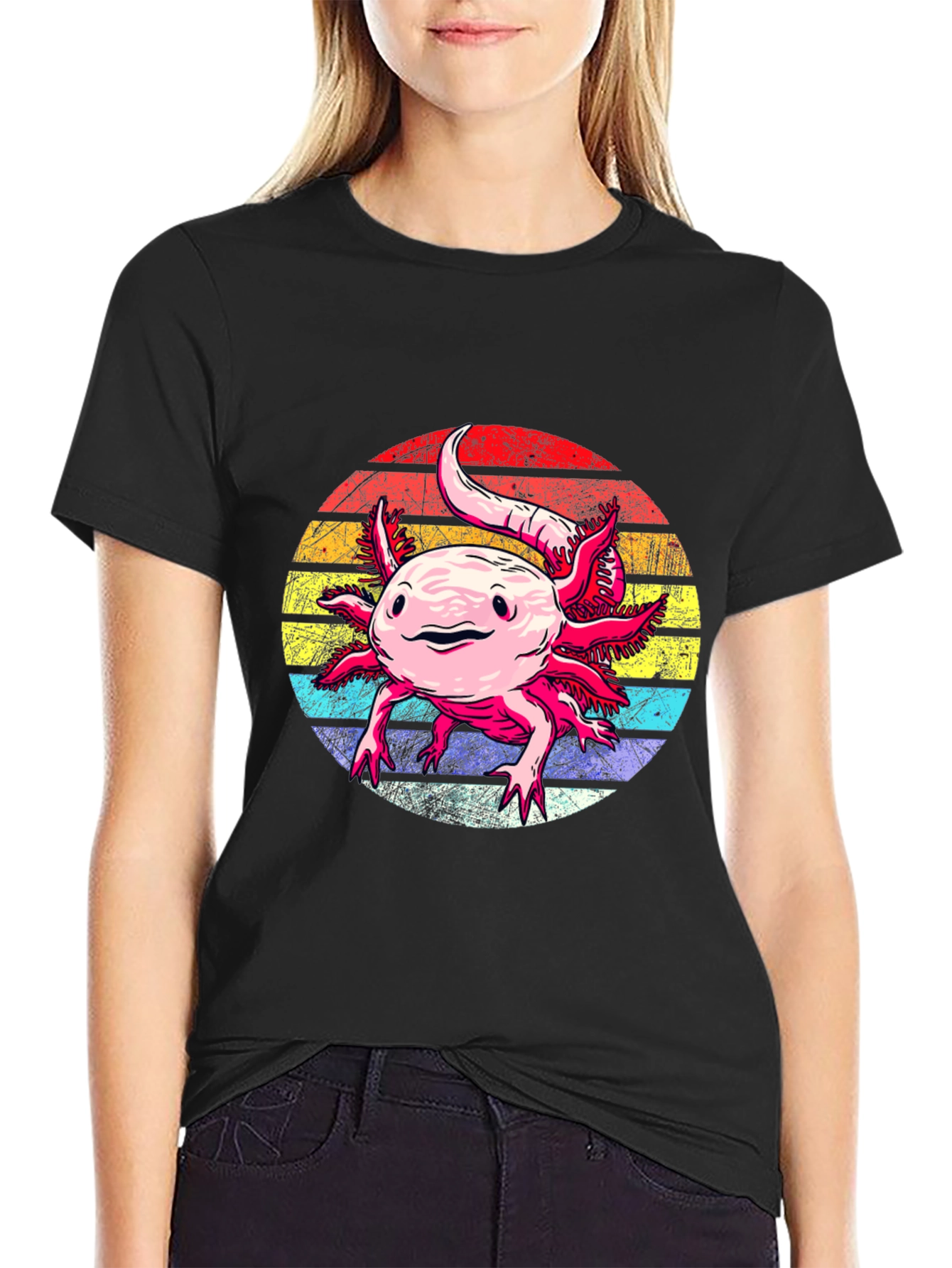 Black Axolotl Retro Sunset Graphic Tee view 2