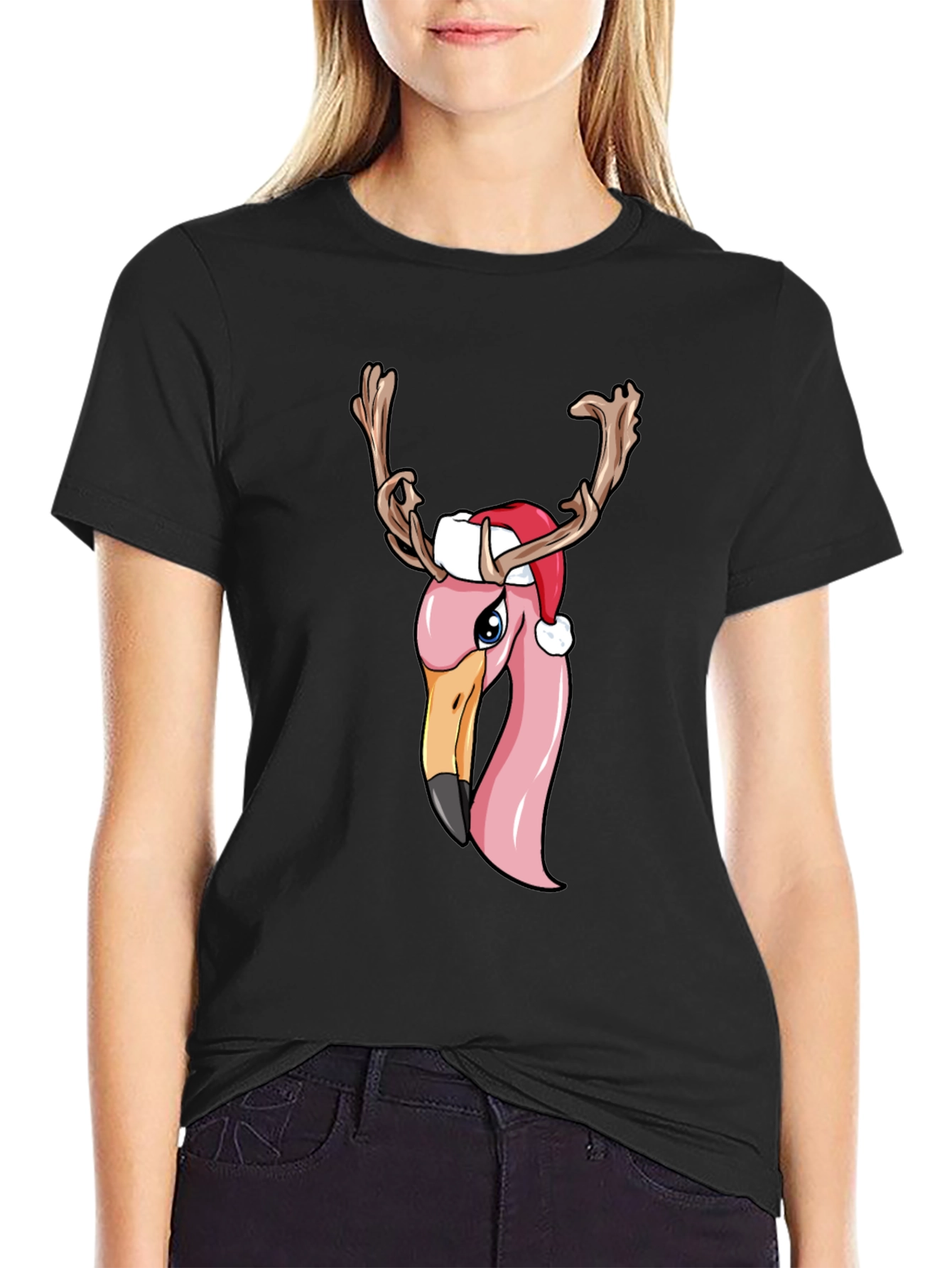 Black Festive Flamingo Christmas T-Shirt view 2