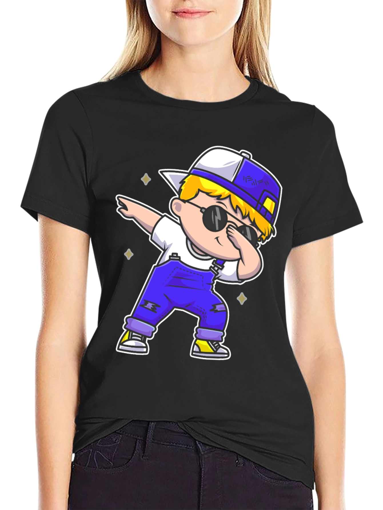 Black Dabbing Kid Graphic Tee - Trendy Cartoon T-Shirt view 2