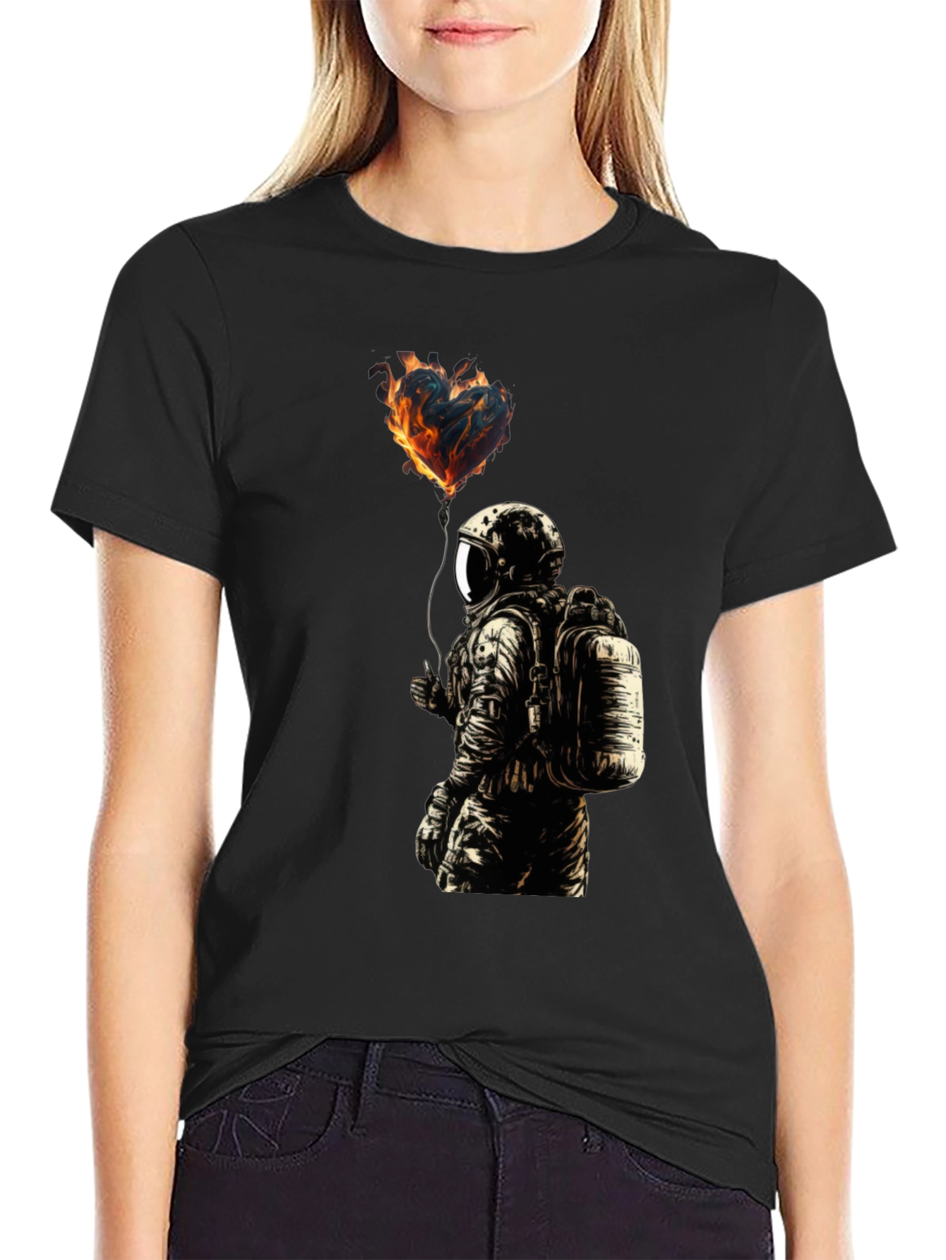 Black Flaming Heart Astronaut Graphic Tee - Black view 2