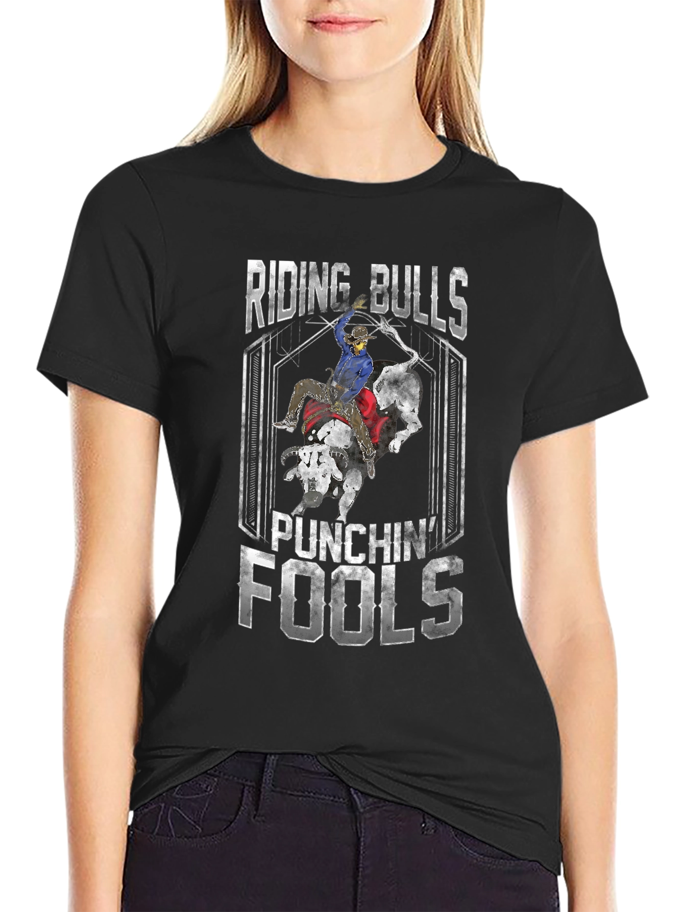 Black Riding Bulls Punching Fools Graphic T-Shirt view 2