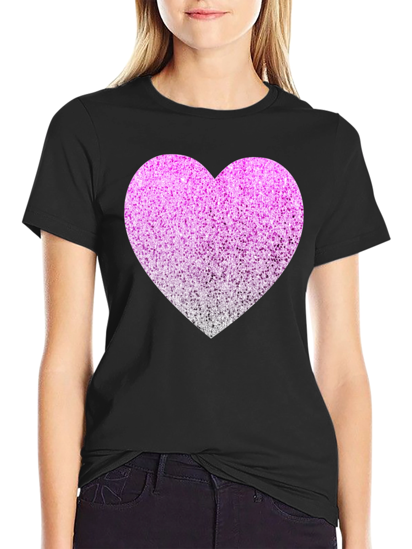 Black Sparkly Heart Graphic Tee - Black Cotton Blend view 2