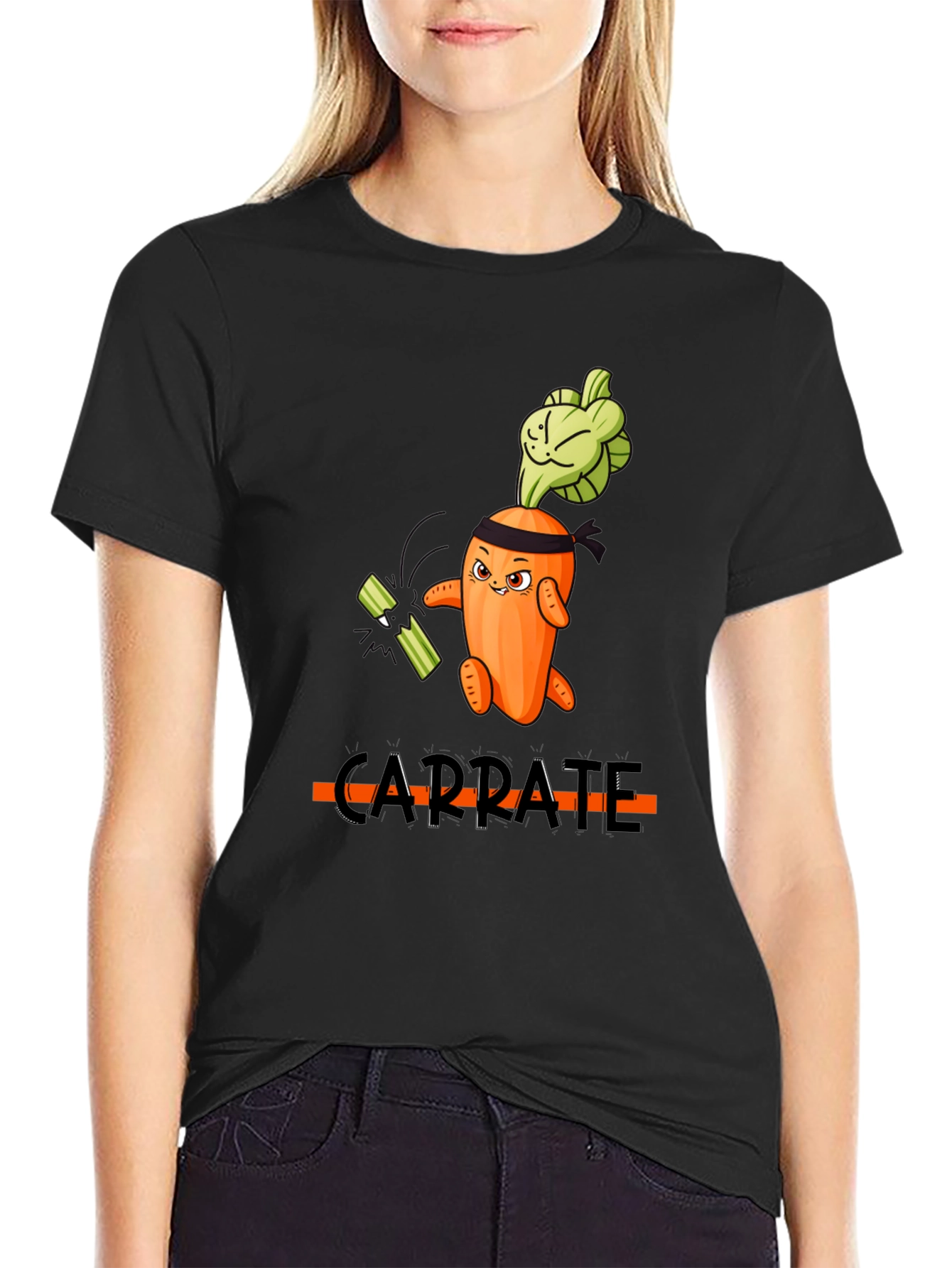 Black Carra-te T-Shirt: Funny Carrot Karate Design view 2