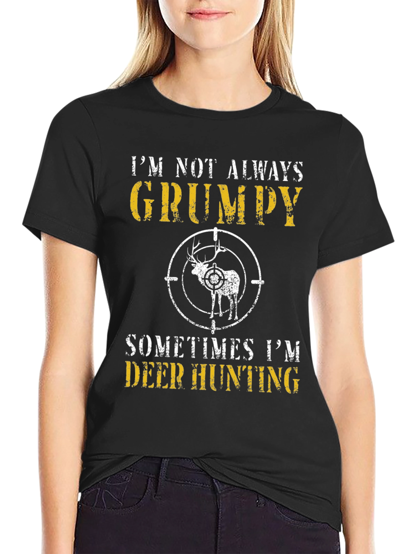 Black Grumpy Deer Hunting Graphic T-Shirt view 2