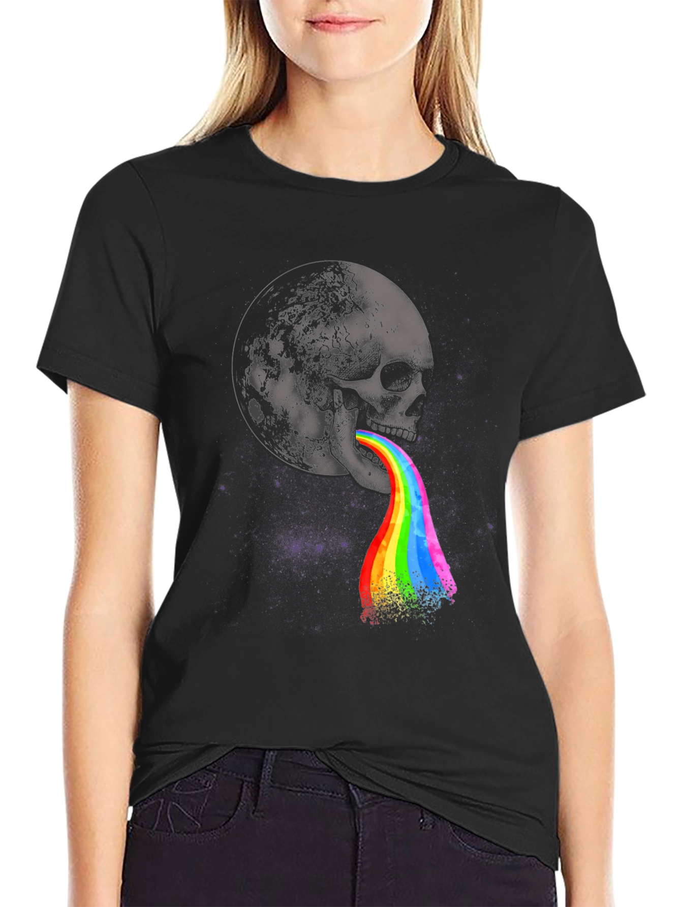 Black Skull & Moon Graphic Print Tee - Colorful Rainbow Vomit Design view 2