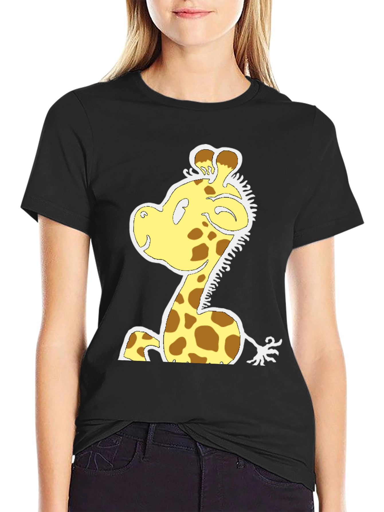 Black Cartoon Giraffe T-Shirt - Fun Graphic Tee view 2