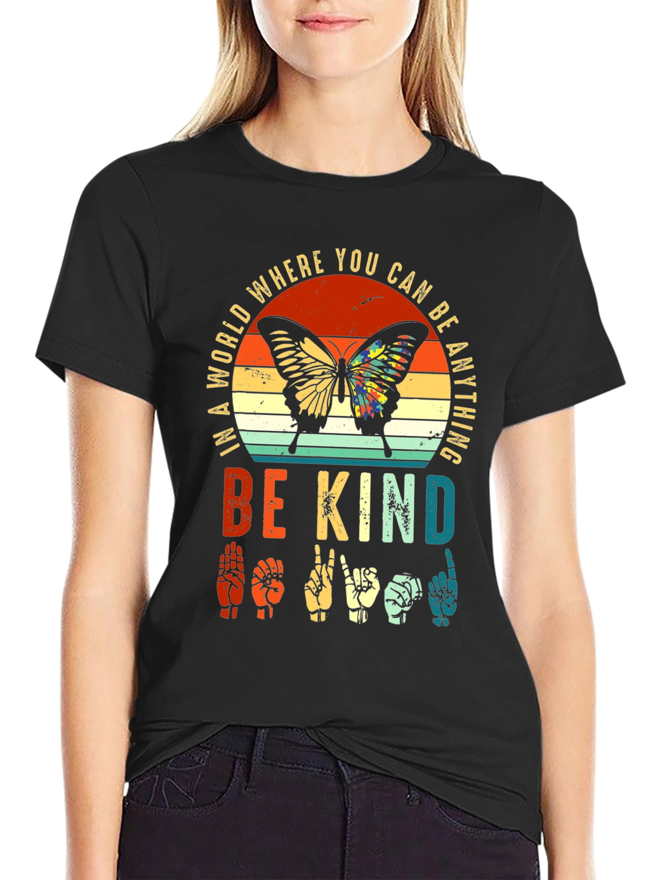 Black Be Kind Sign Language Butterfly Graphic Tee view 2
